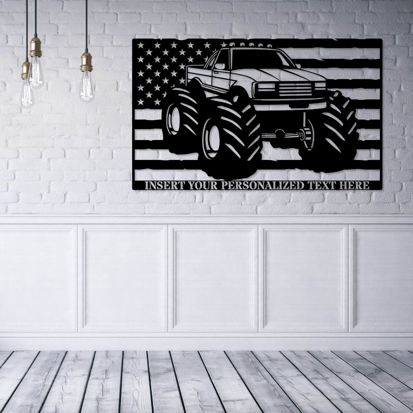18 Inch Personalized American Monster Truck Name Metal Sign Decor In Black With Custom Text