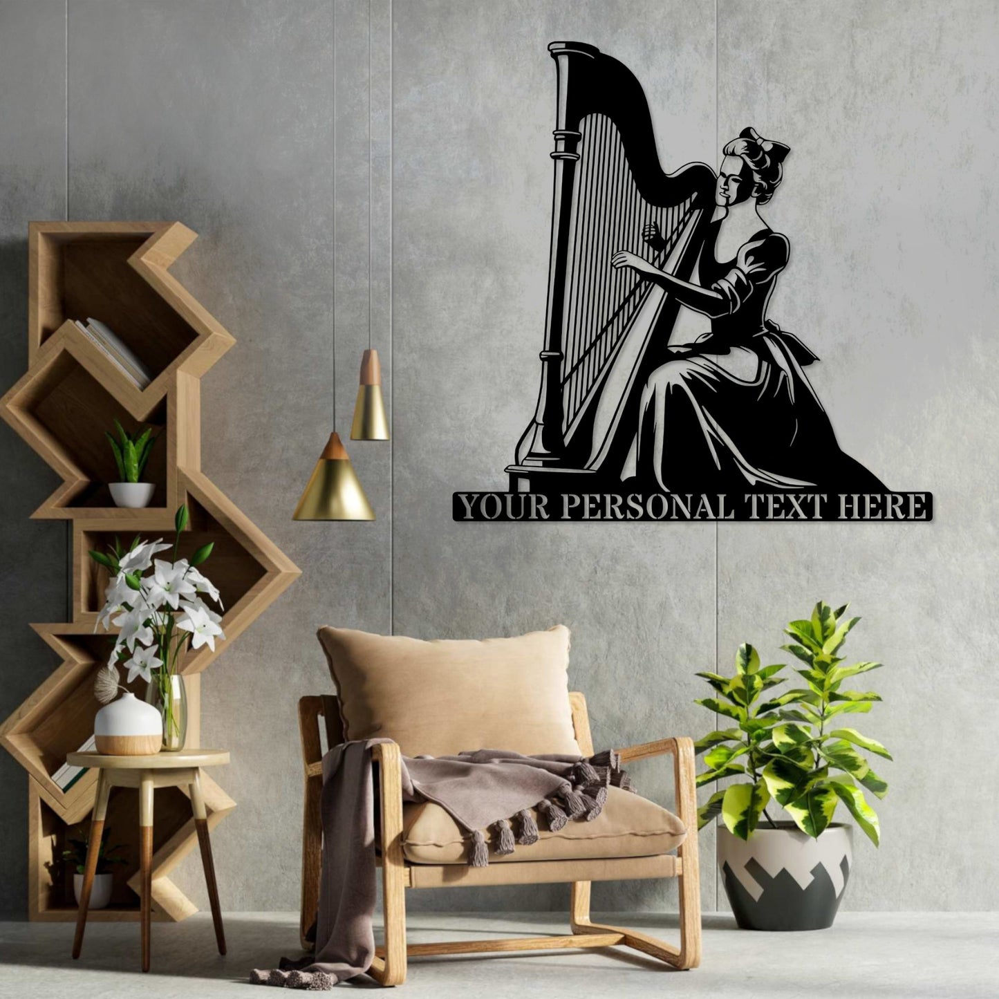18 Inch Personalized Female Harpist Metal Sign Decor In Black With Custom Text