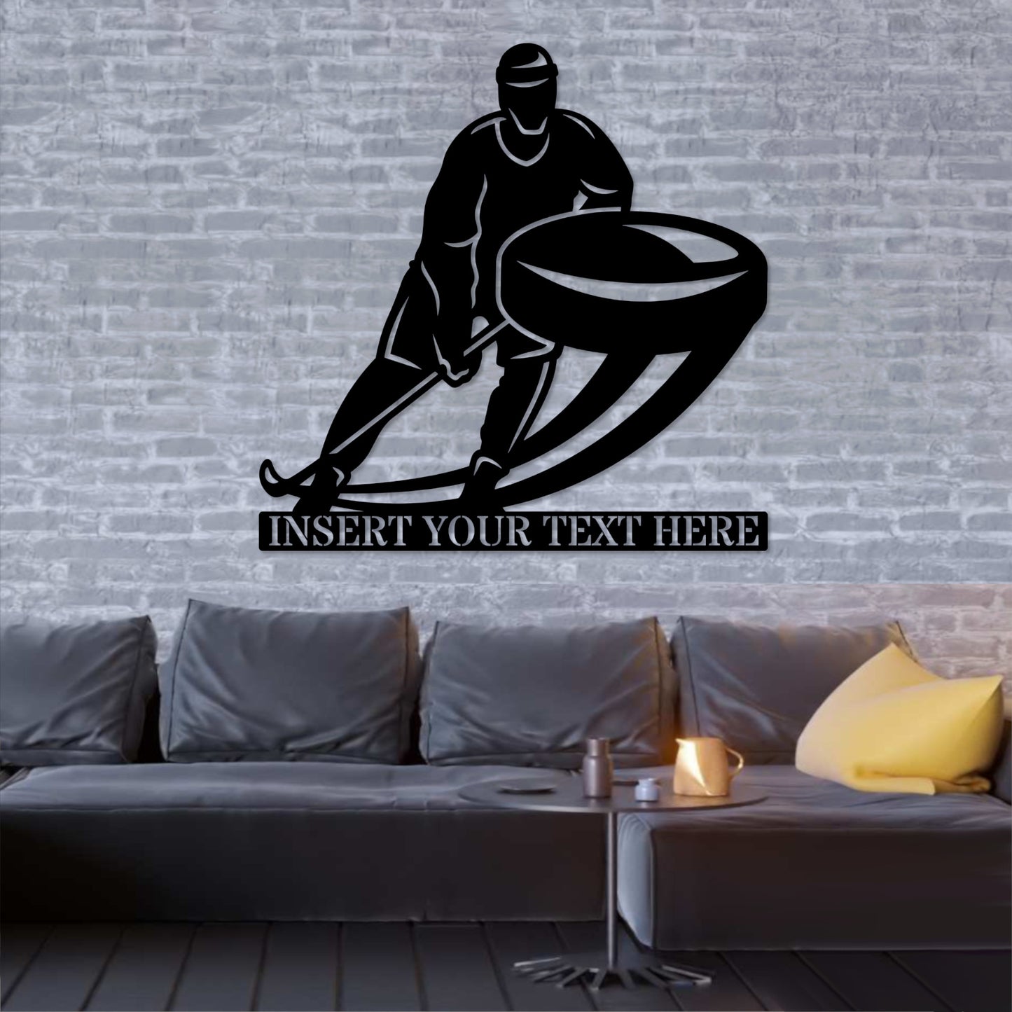 18 Inch Personalized Ice Hockey Player Metal Sign Gift Decor In Black With Custom Text
