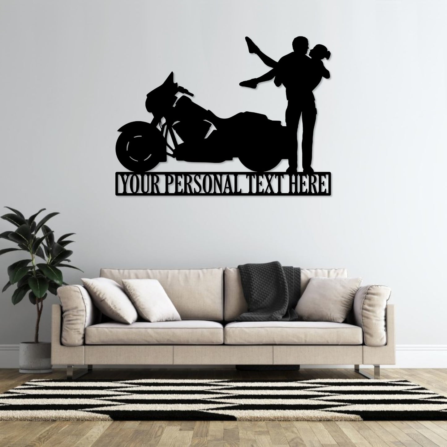 18 Inch Personalized Motorcycle Love Couple Name Metal Sign Decor In Black With Custom Text