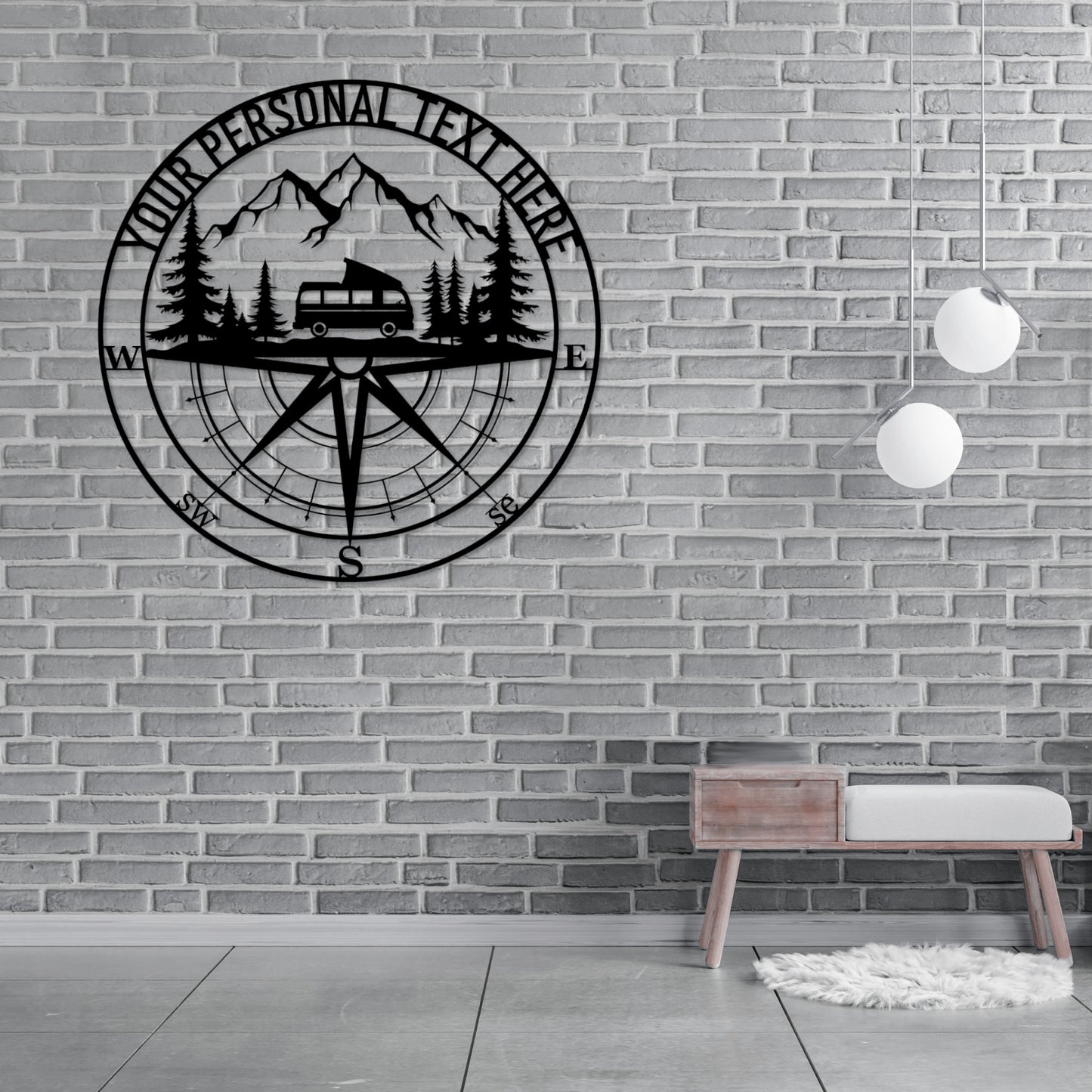 18 Inch Personalized Oldschool Camper Van Name Metal Sign Decor In Black With Custom Text