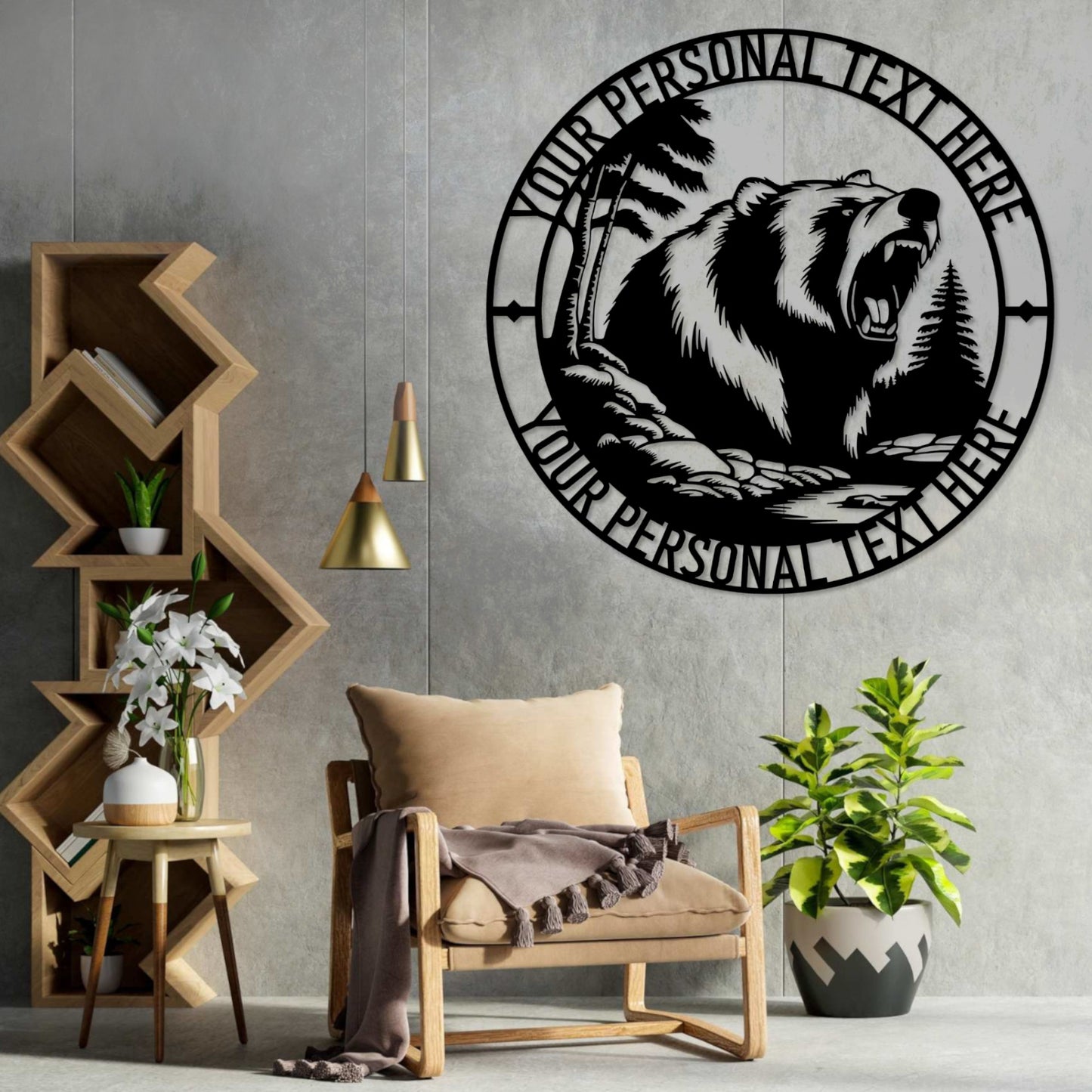 18 Inch Personalized Roaring Black Bear Metal Sign Decor In Black With Custom Text