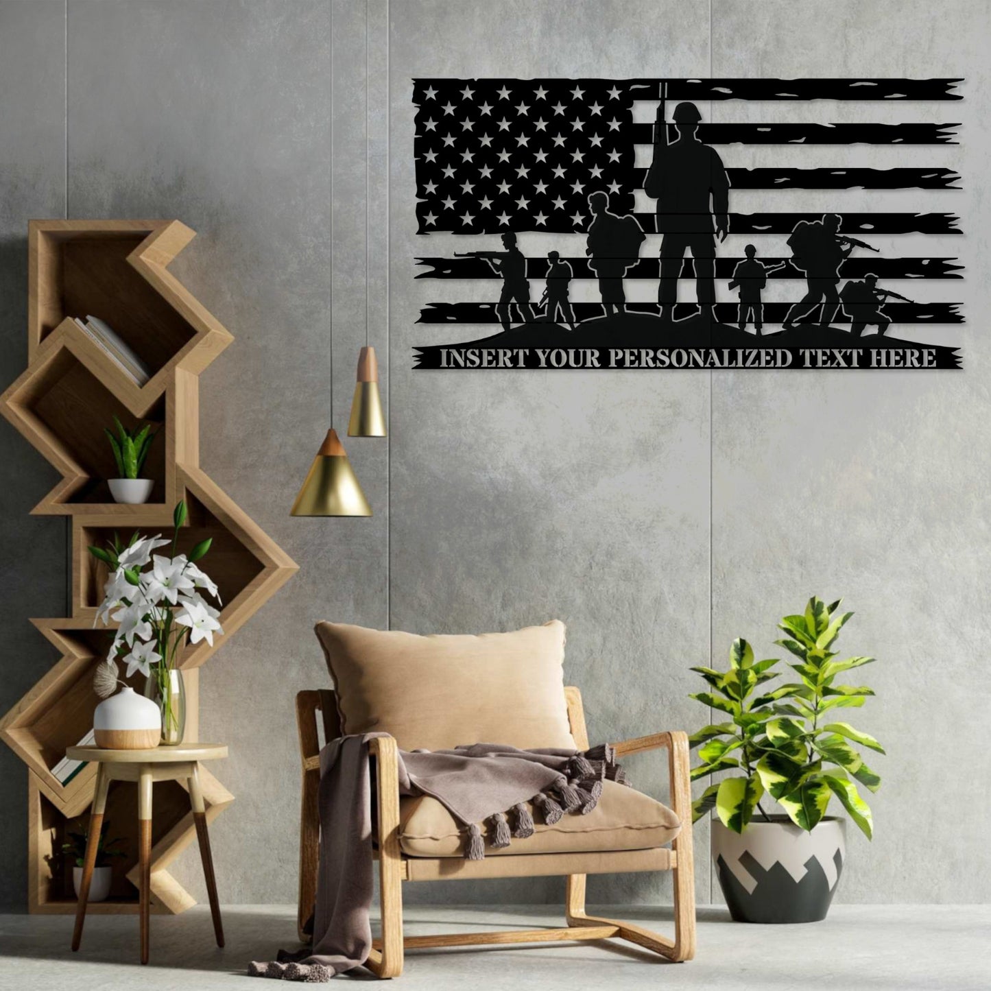 18 Inch Personalized US Military Flag Metal Sign In White With Custom Text