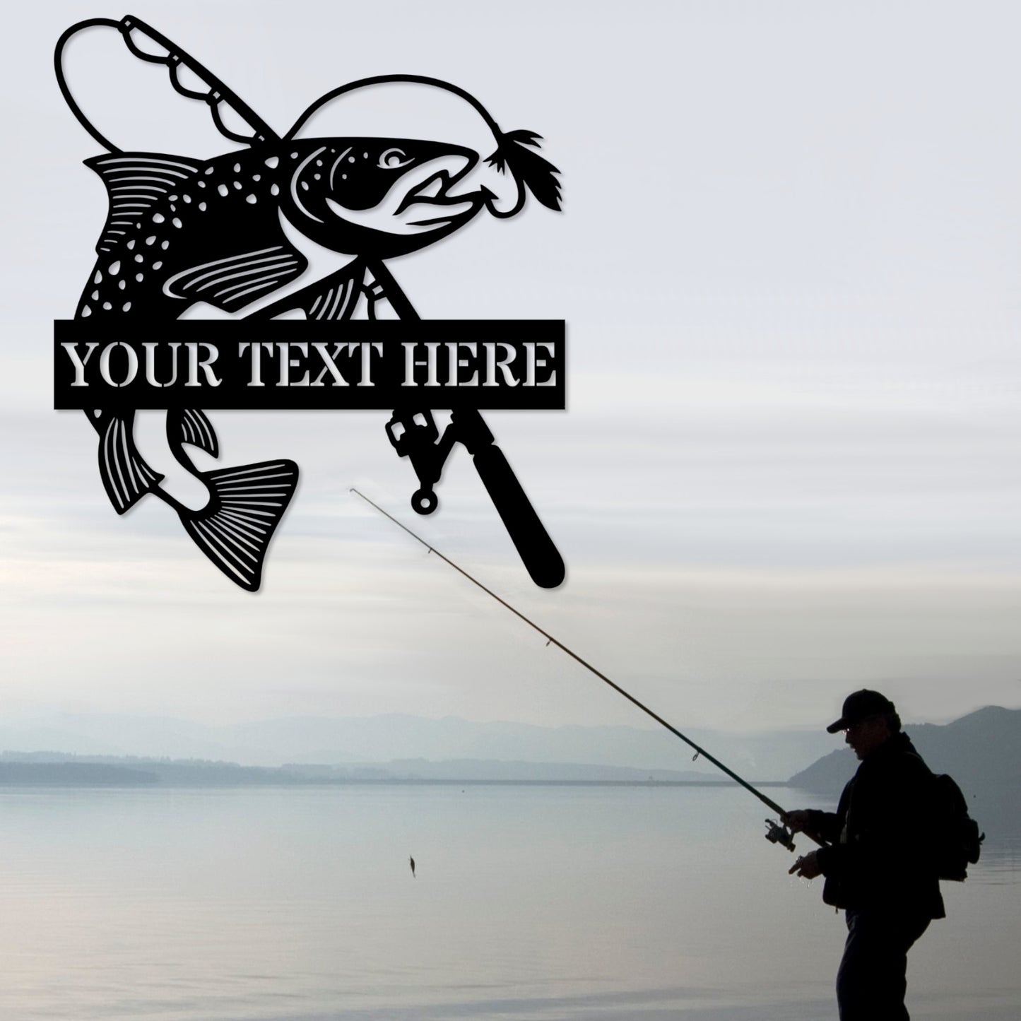 18 inch Personalized Fishing Rod Name Metal Sign Decor In Black With Custom Text