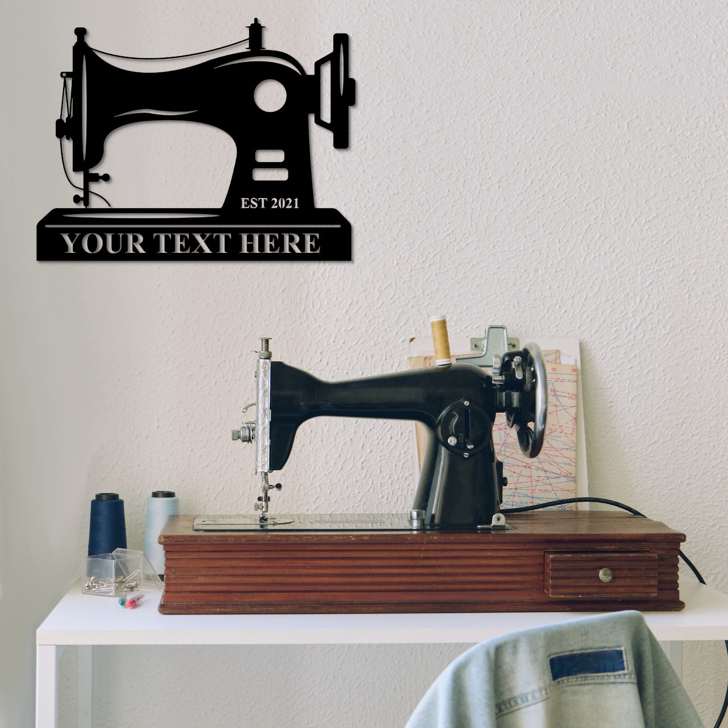 Personalized Vintage Sewing Machine Name Metal Sign. Custom Tailor Wall Decor. Gift For Sewing Studio Owner. Craftsman Sewing Gift For Her