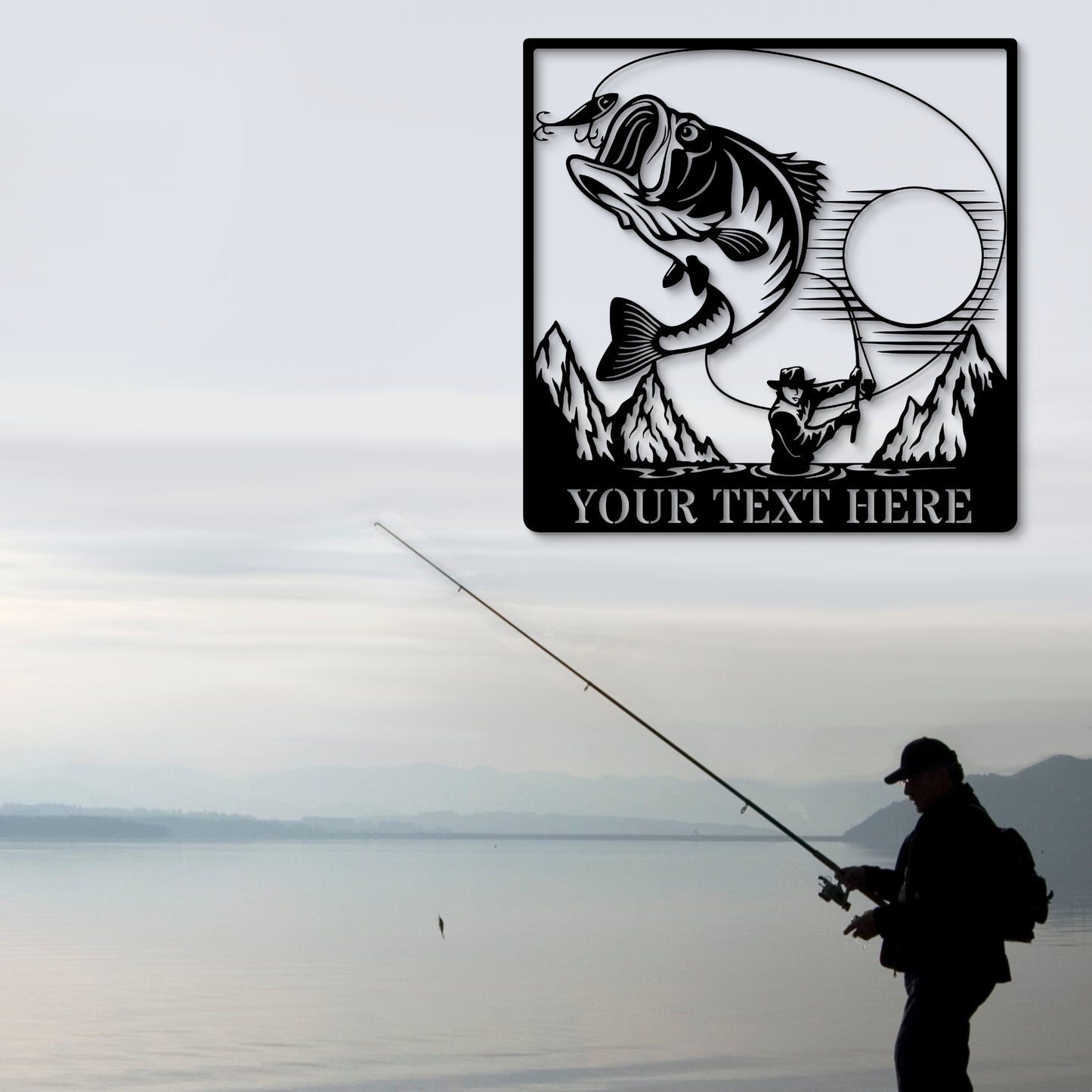 24 Inch Personalized Fisherman Name Metal Sign Decor In Black With Custom Text