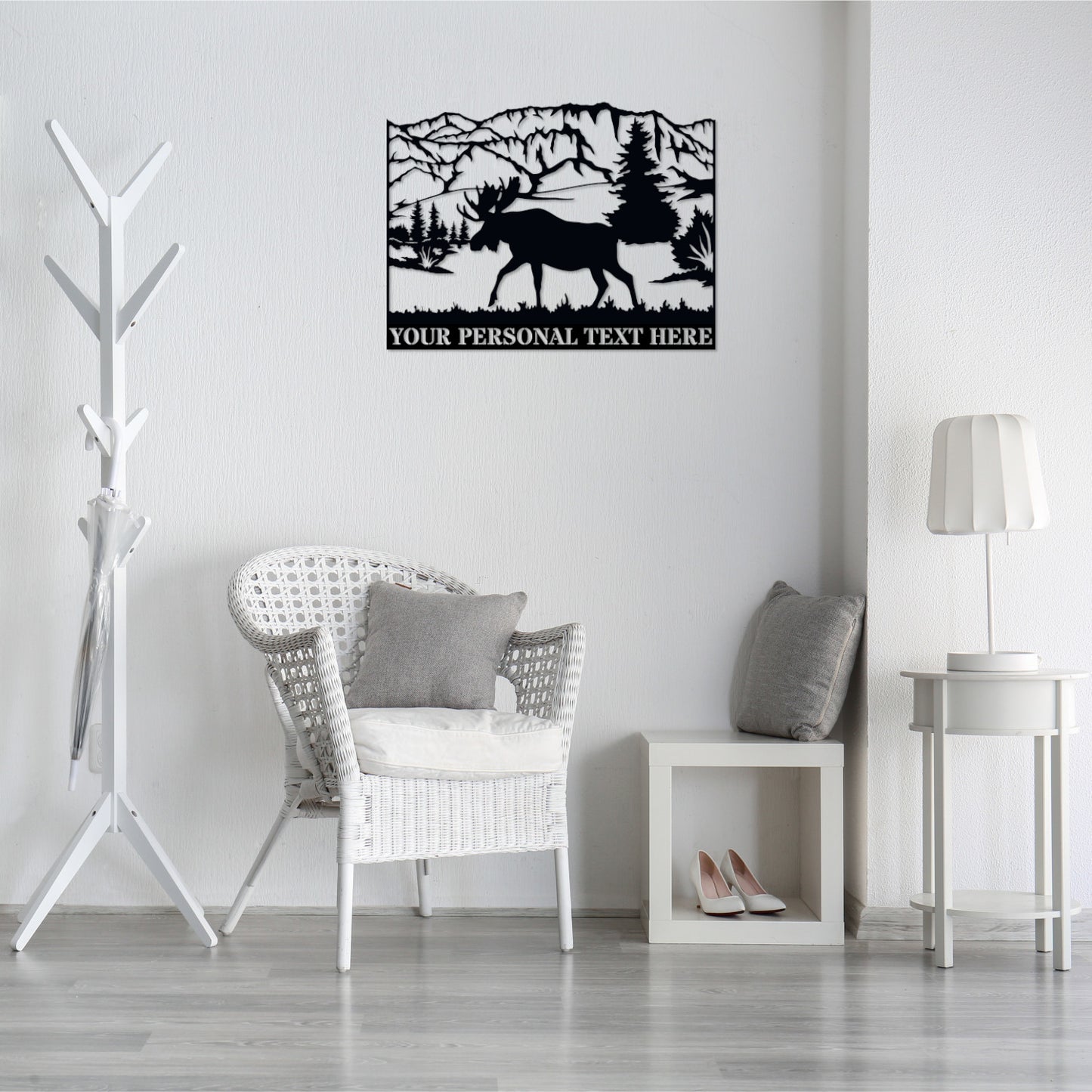 24 Inch Personalized Moose In The Mountains Name Metal Sign Decor In Black With Custom Text