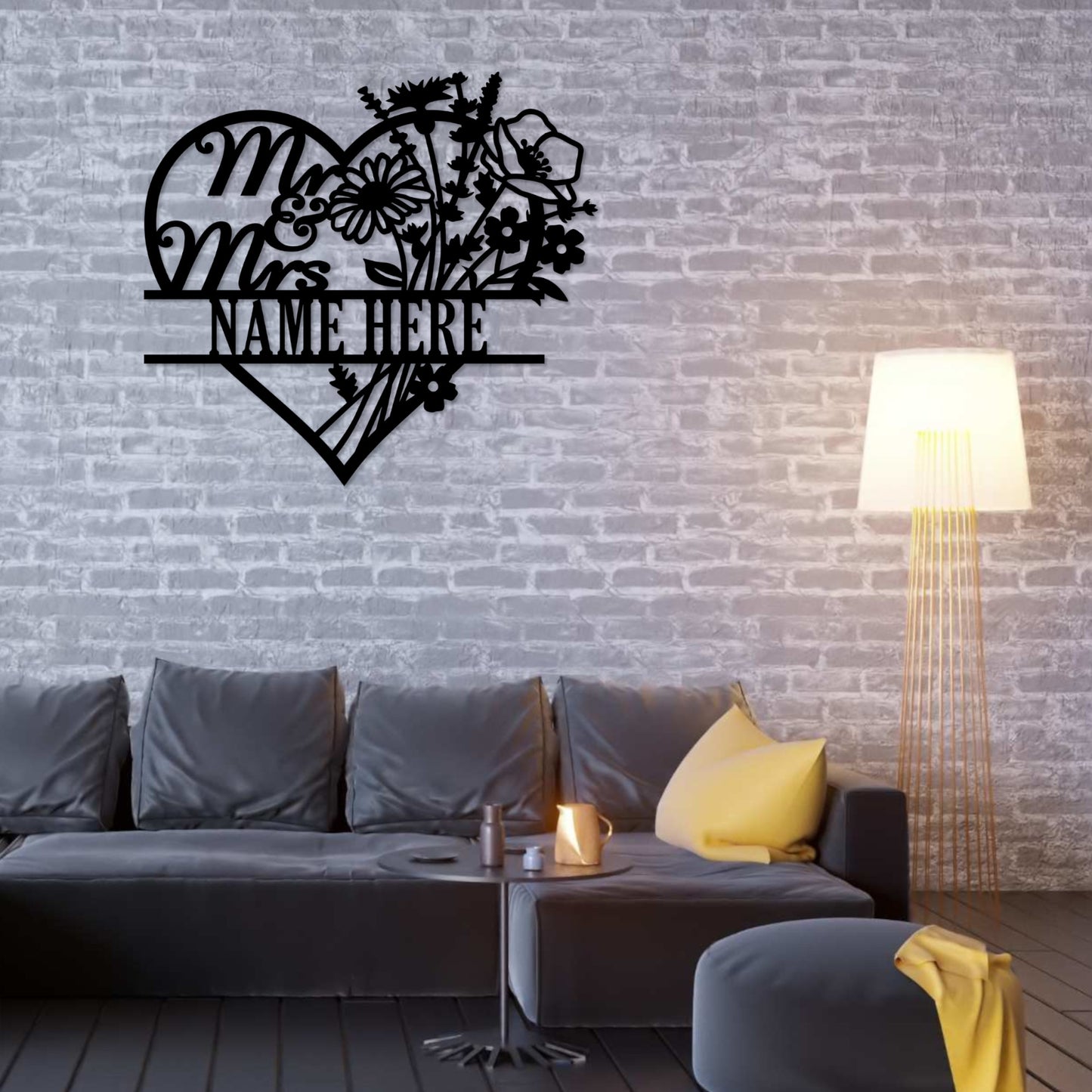 24 Inch Personalized Mr & Mrs Family Name Metal Sign Decor In Black With Custom Text