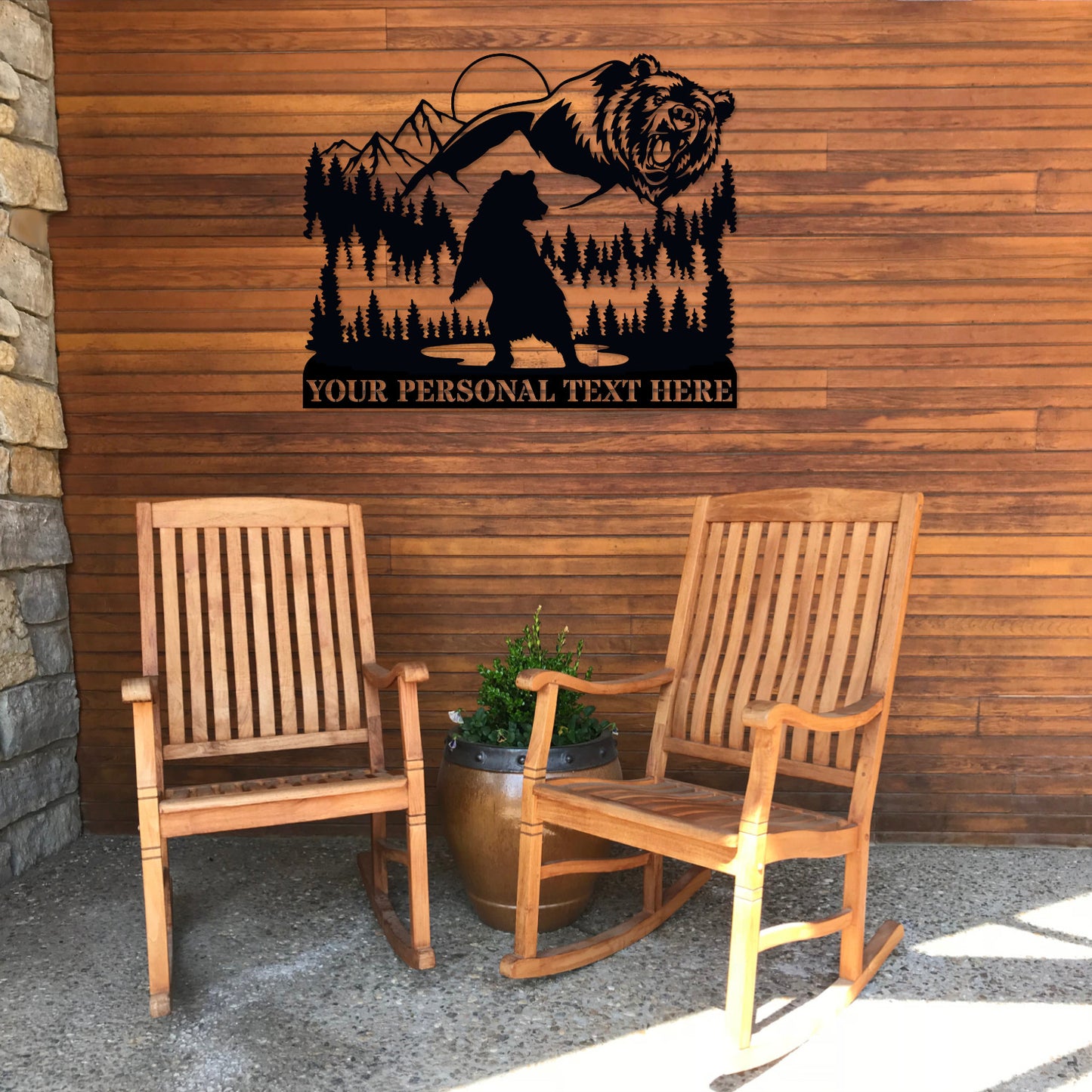 24 Inch Personalized Roaring Bear Name Metal Sign Decor In Black With Custom Text