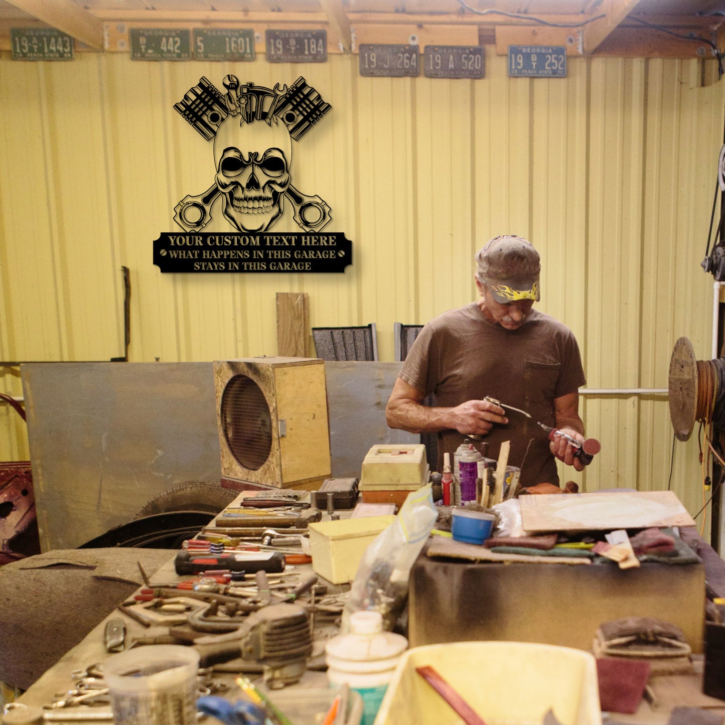 24 Inch What Happens In This Garage Stays In This Garage Metal Decor In Black With Custom Text