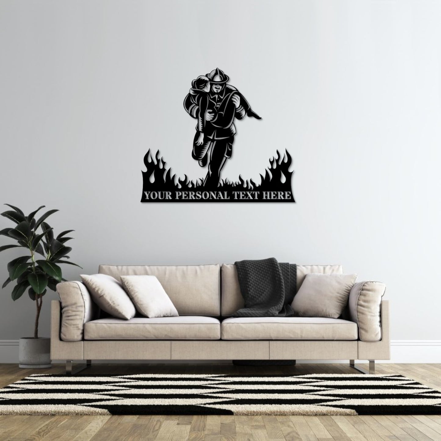 30 InchPersonalized Firefighter Rescuing Name Metal Sign In Black With Custom Text