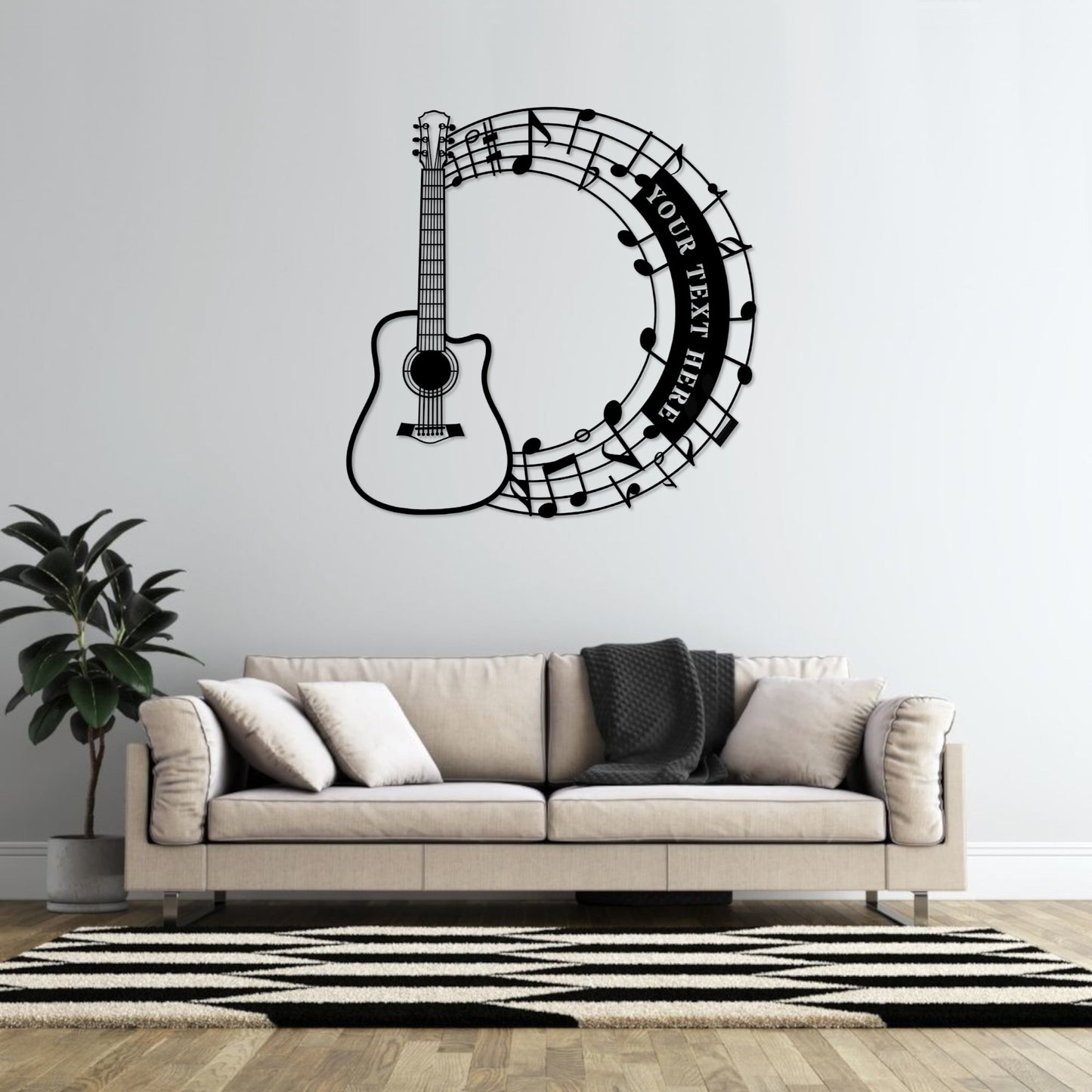 30 Inch Personalized Acoustic Guitar Notes Name Metal Sign In Black With Custom Text