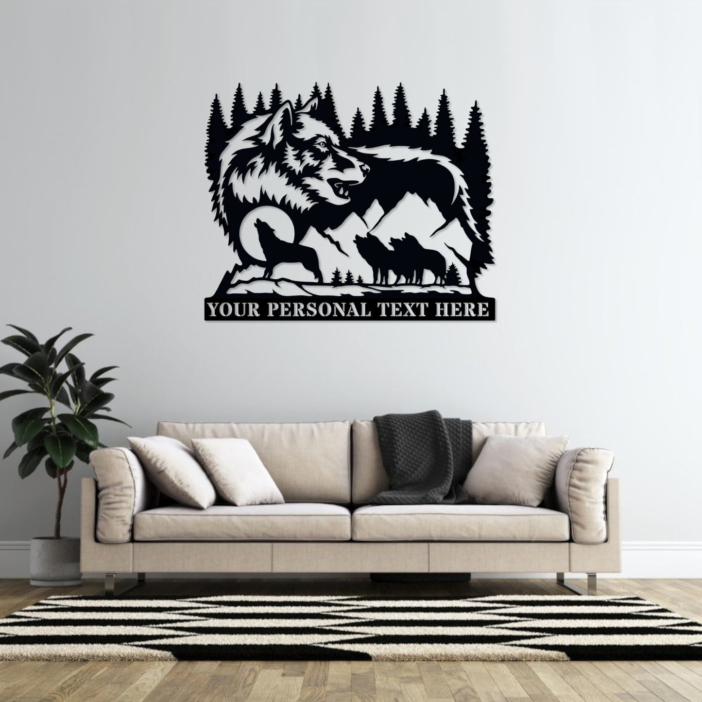 30 Inch Personalized Howling Wolf Name Metal Sign Decor In Black With Custom Text