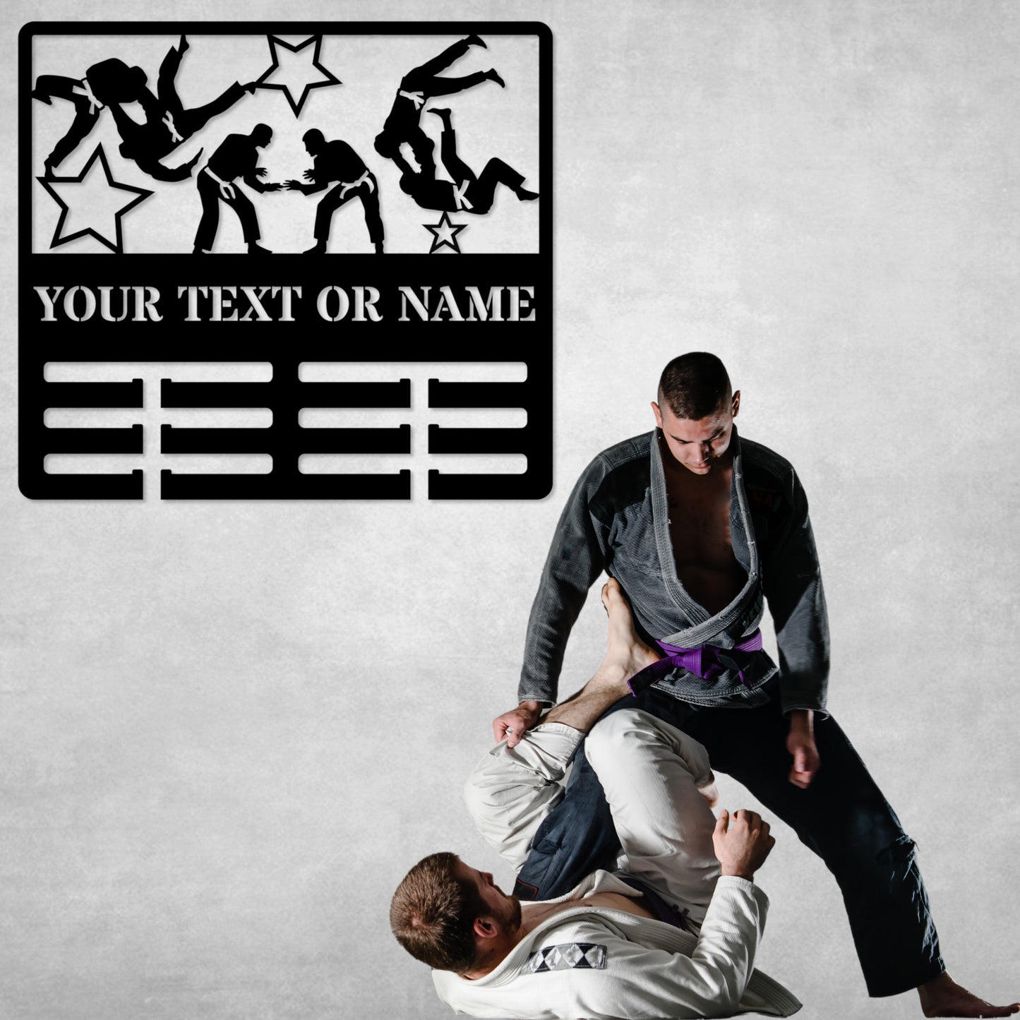 30 Inch Personalized Male Jiu Jitsu Medal Holder Name Metal Sign Decor In Black With Custom Text