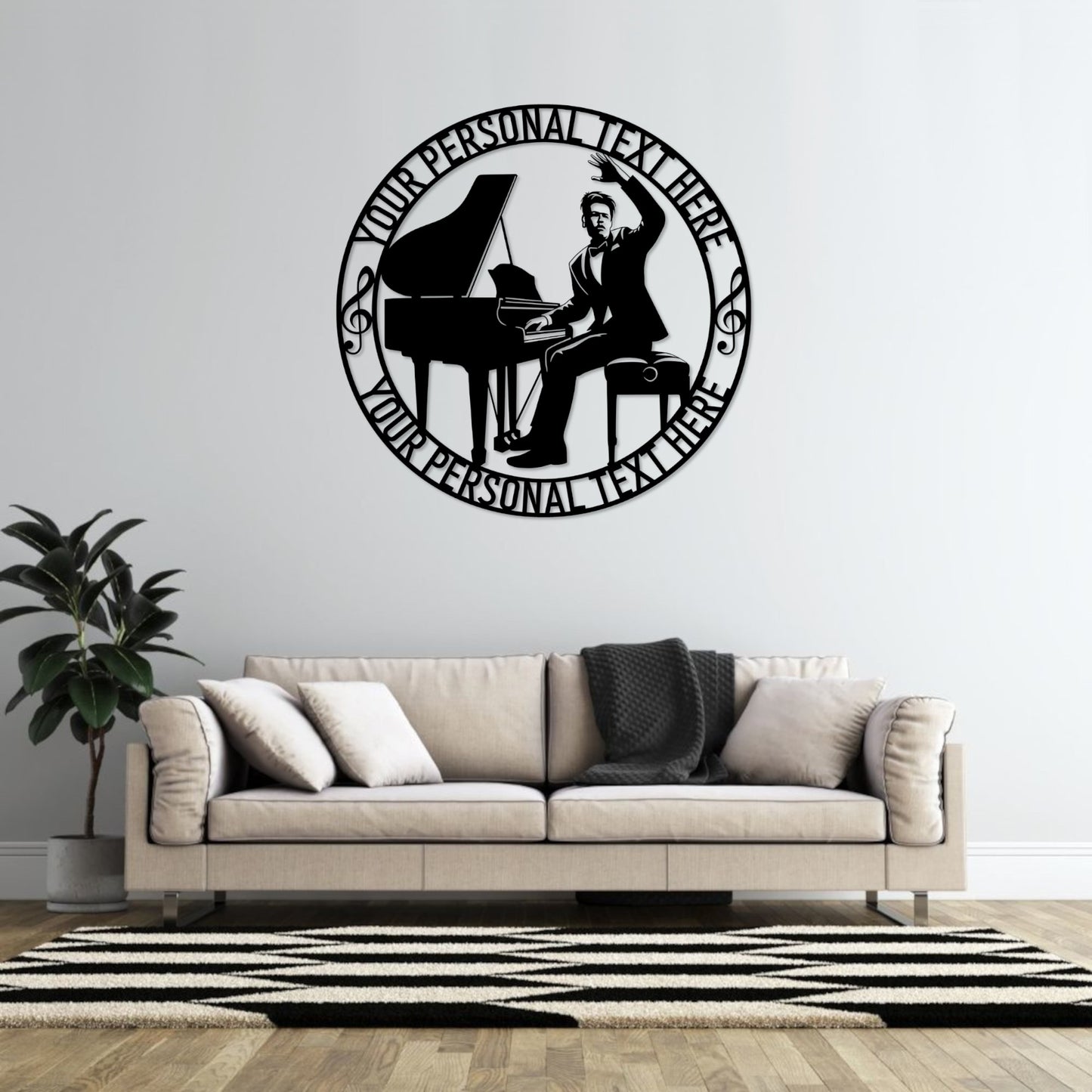 30 Inch Personalized Piano Player Name Metal Sign Decor In Black With Custom Text