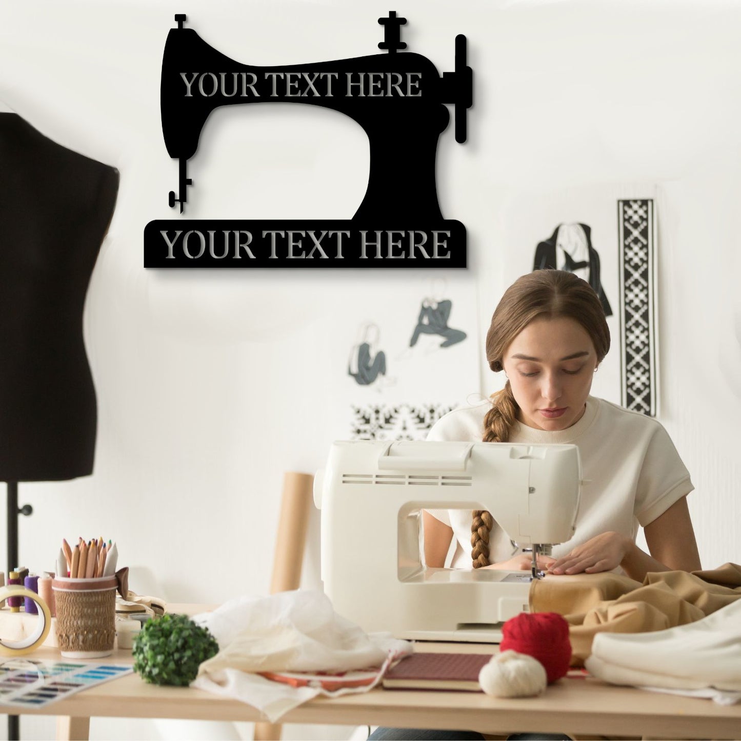 30 Inch Personalized Retro Sewing Machine Metal Decor In Black With Your Custom Text