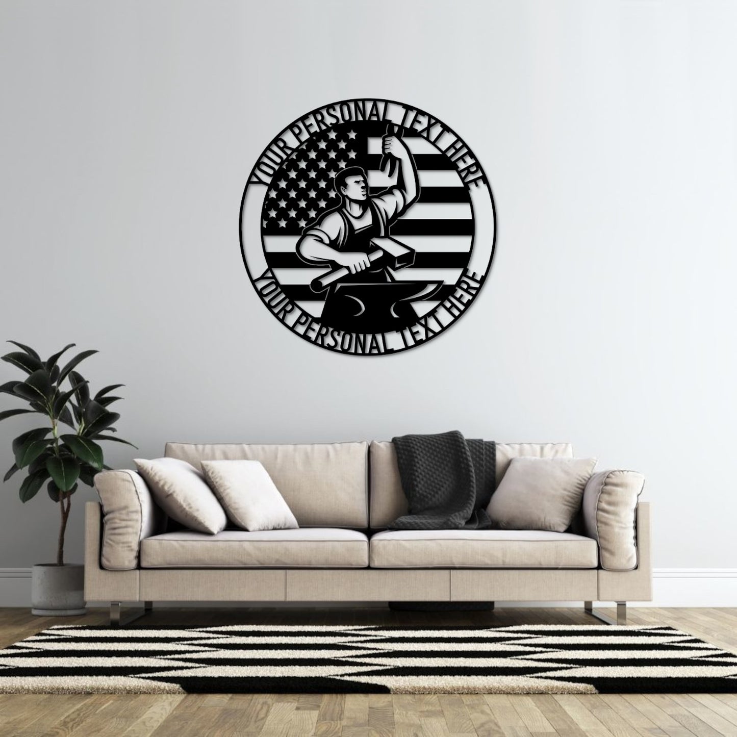 30 Inch Personalized US Blacksmith And Anvil Metal Sign Gift Decor In Black With Custom Text