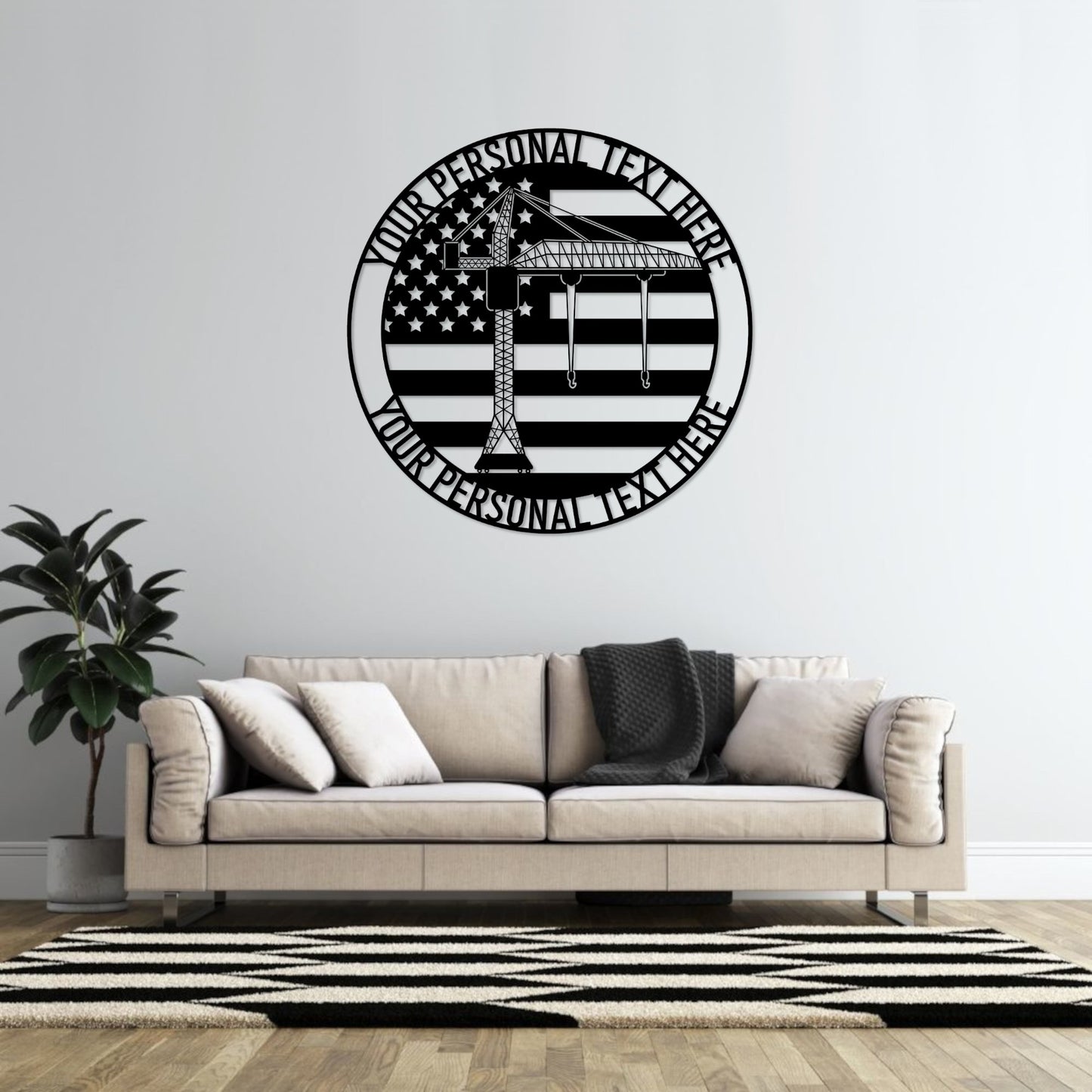 30 Inch Personalized US Tower Crane Name Metal Sign Decor In Black With Custom Text