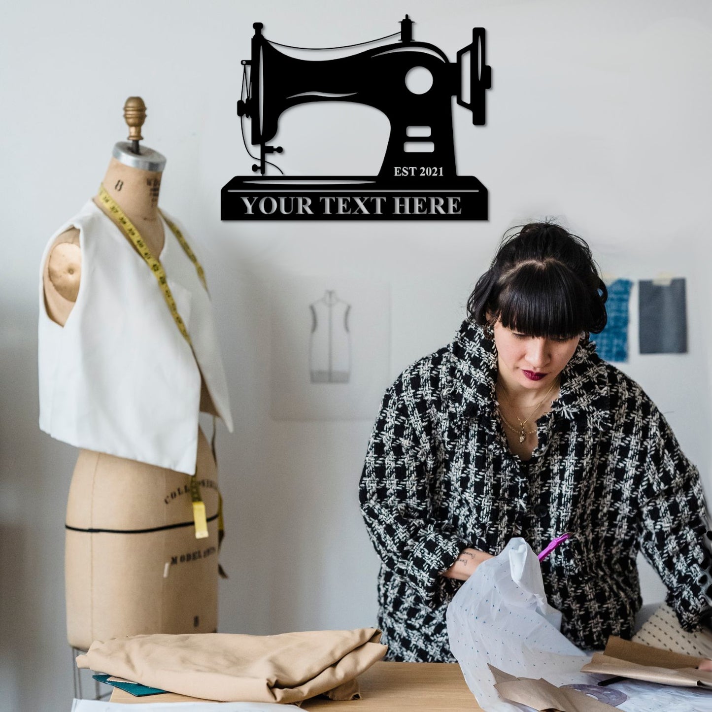 30 Inch Personalized Vintage Sewing Machine Metal Sign Decor In Black With Custom Text