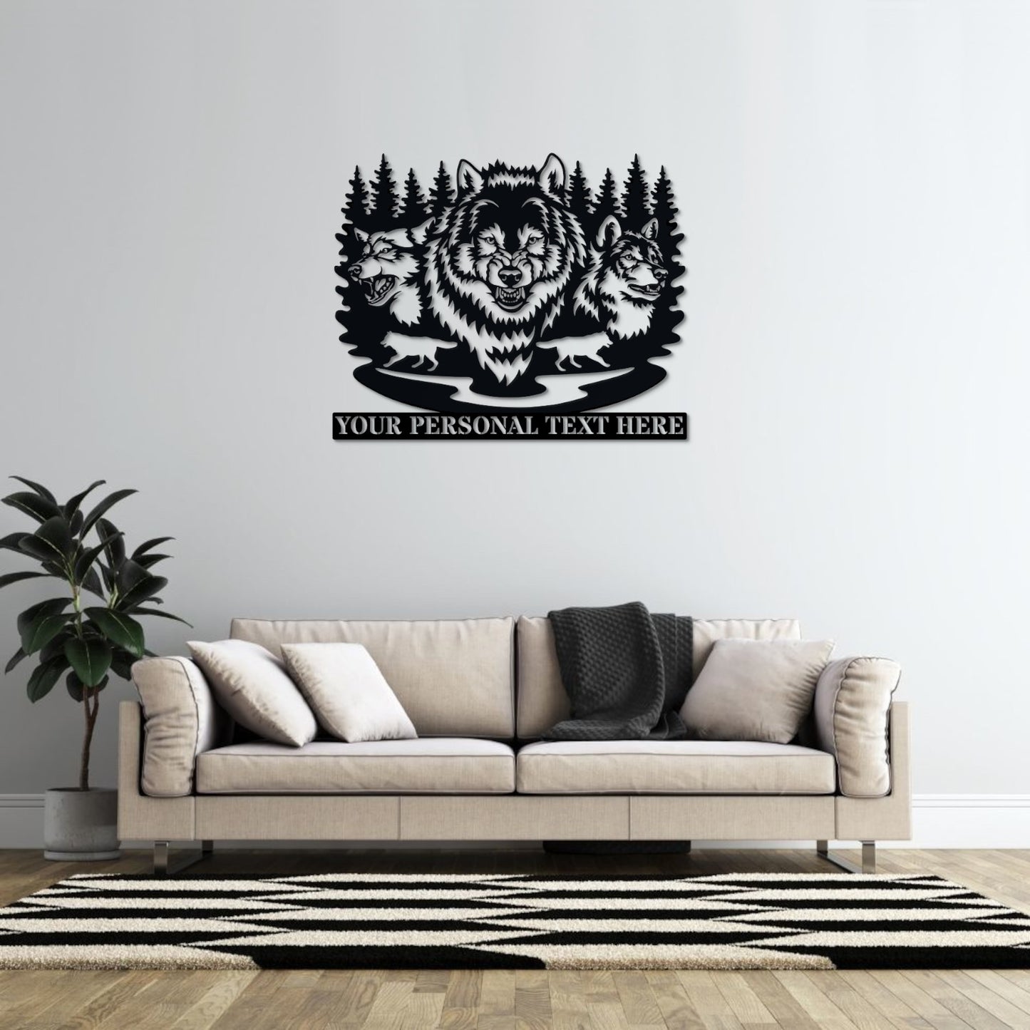 30 Inch Personalized Wildlife Wolf Family Name Metal Sign Decor In Black With Custom Text