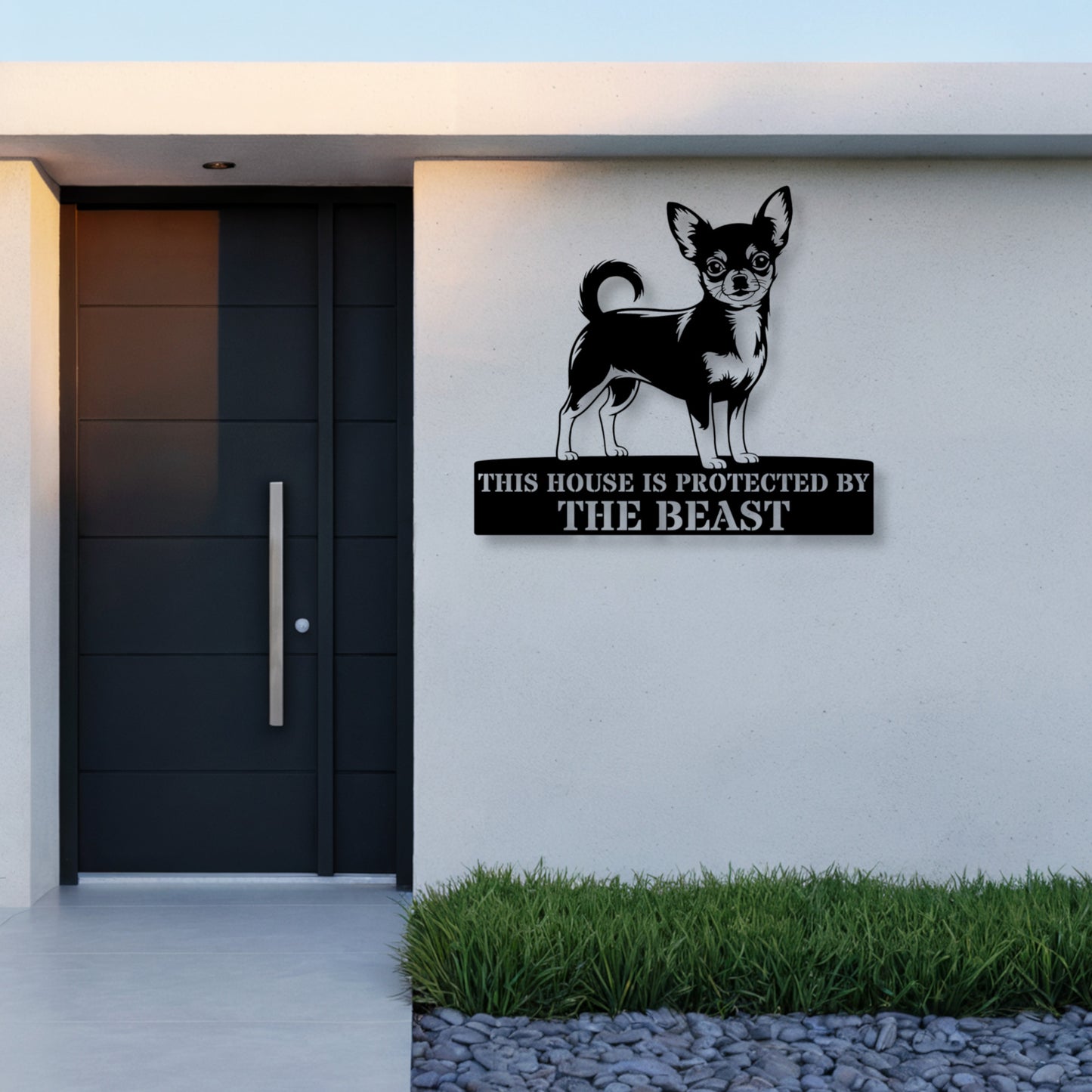 36 Inch Personalized Chihuahua Guard Metal Sign In Black. Custom steel sign wall decor for dog lovers.