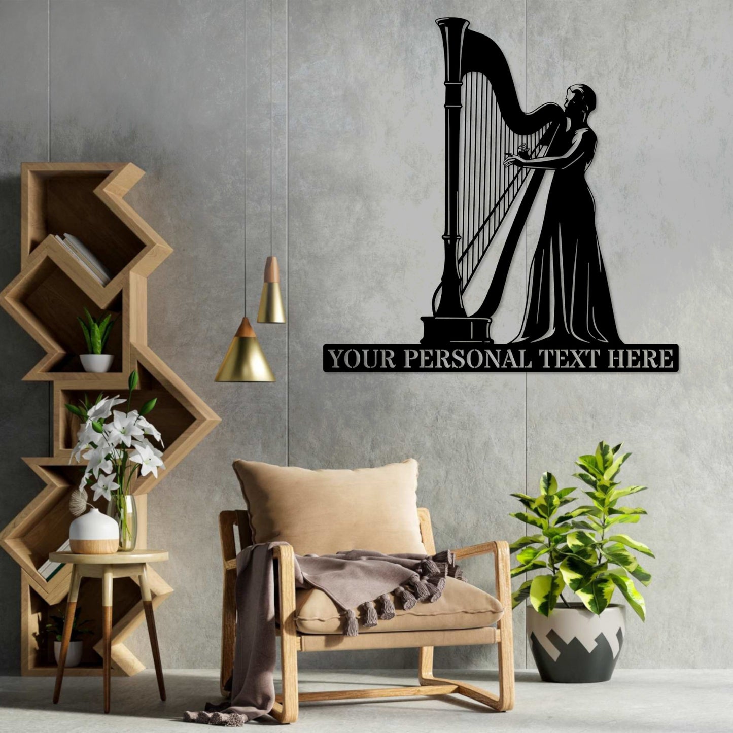 36 Inch Personalized Female Harp Player Metal Sign Decor In Black With Custom Text