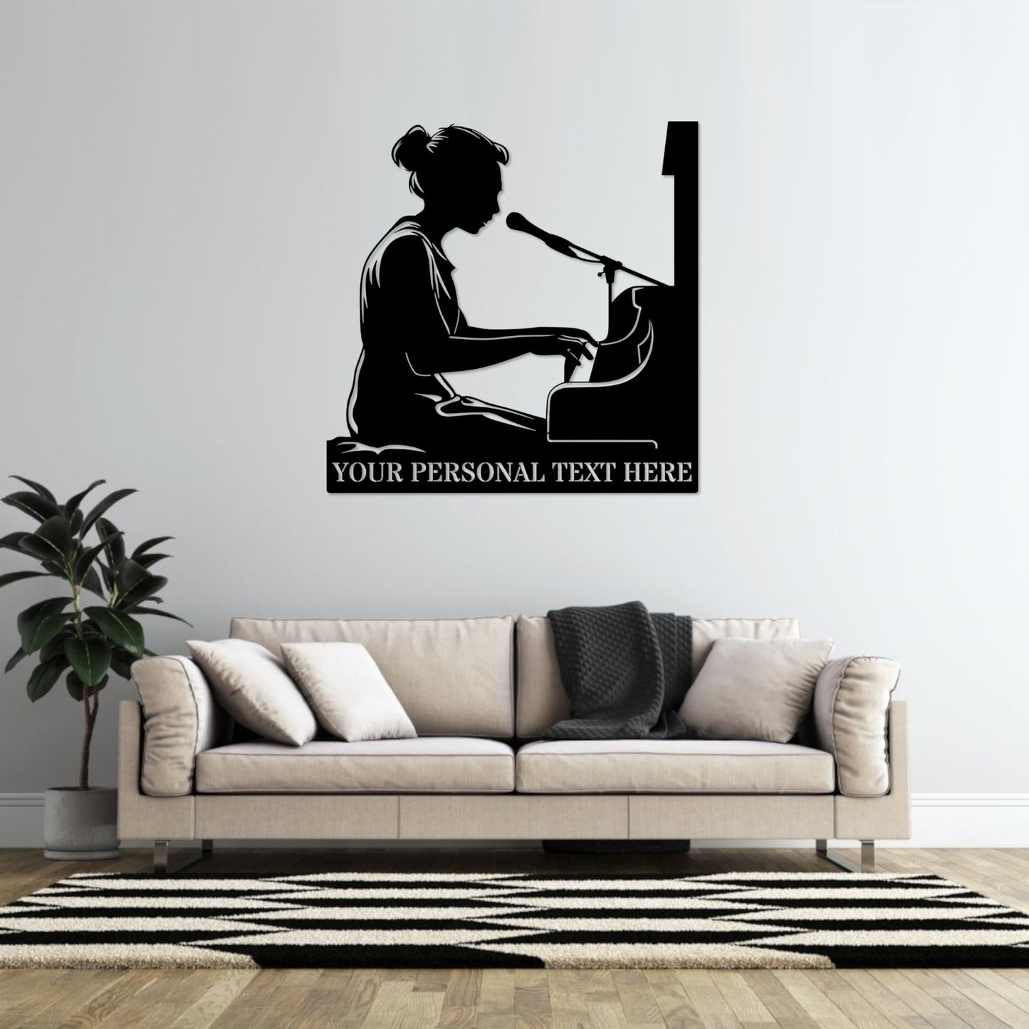 36 Inch Personalized Female Piano Player Name Metal Sign Decor In Black With Custom Text