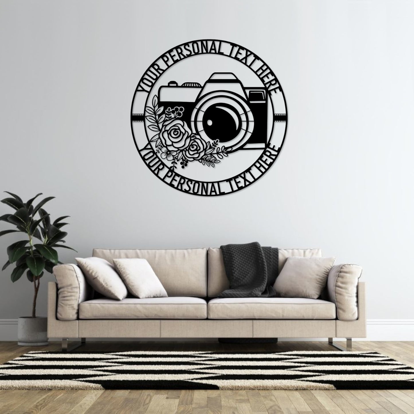 36 Inch Personalized Floral Camara Metal Sign Decor In Black With Custom Text