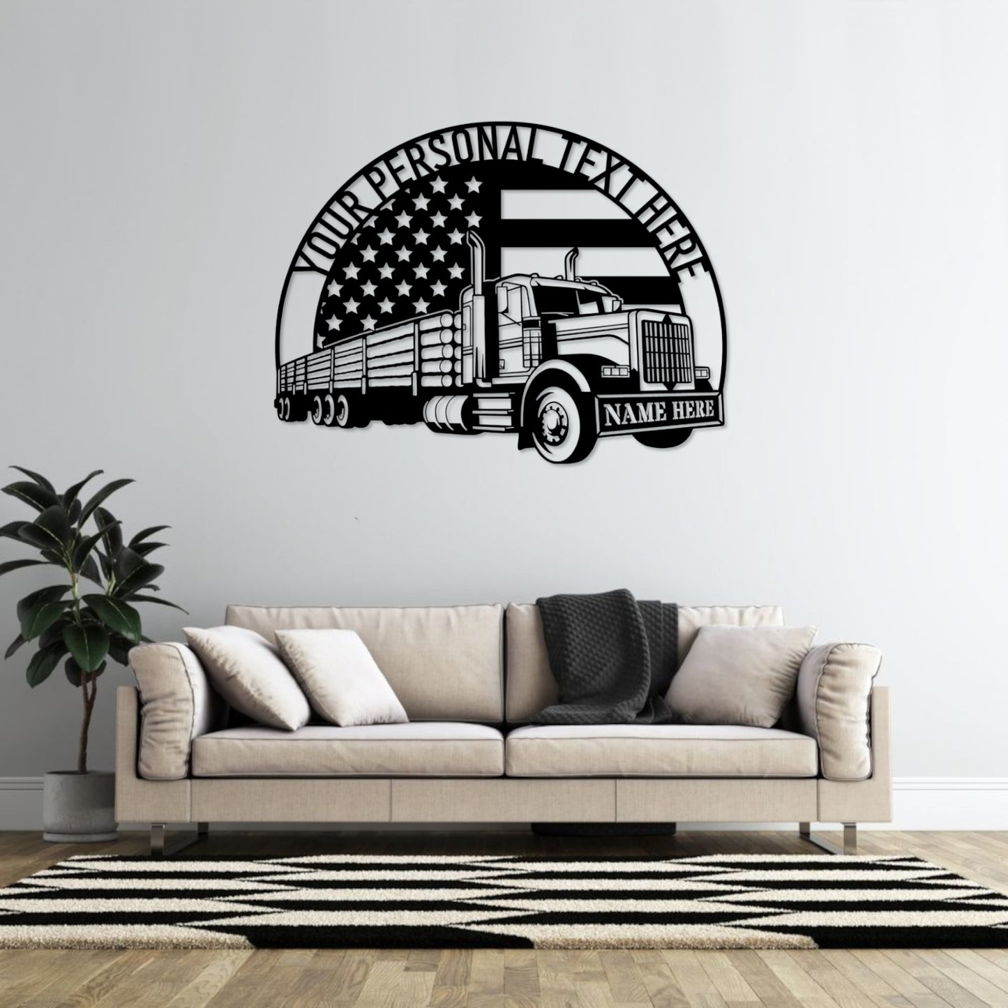 36 Inch Personalized Logging Truck Name Metal Sign Decor In Black With Custom Text