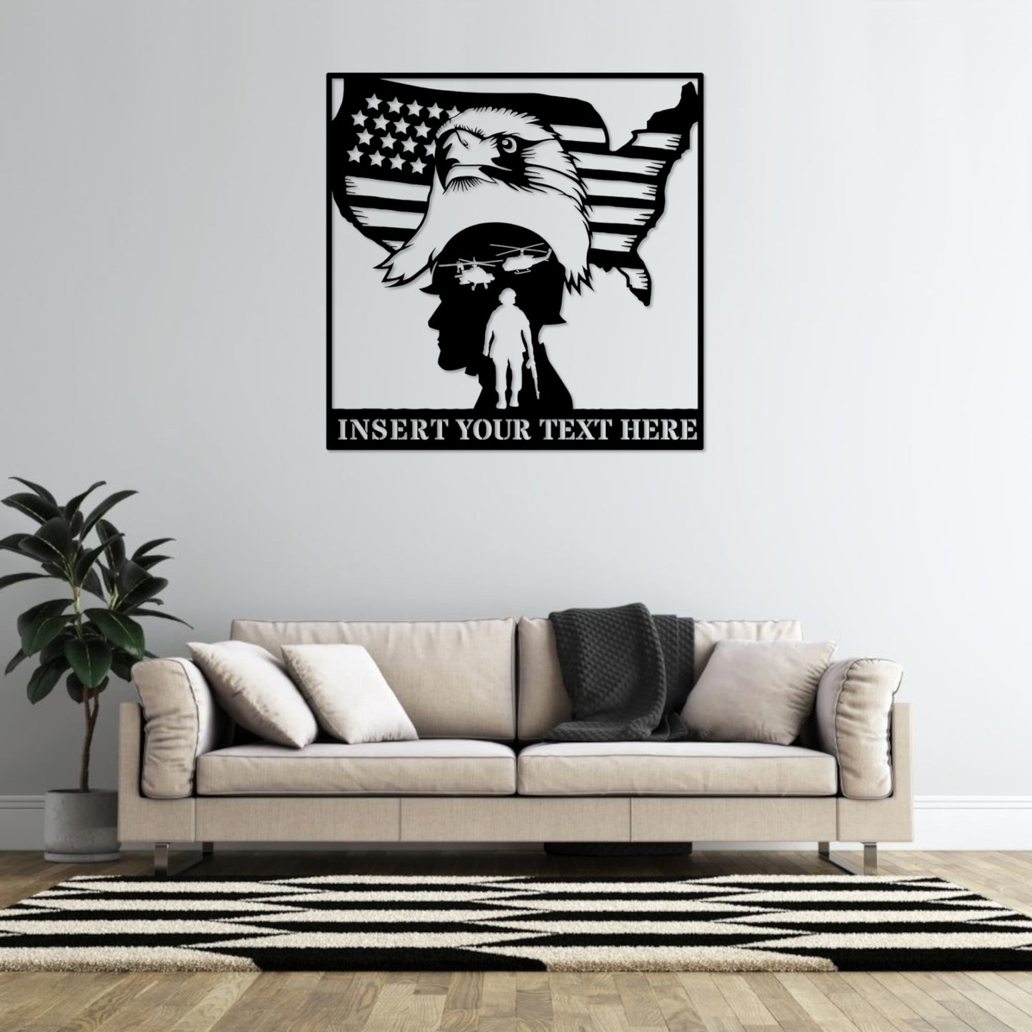 36 Inch Personalized Patriotic Eagle Army Soldier Silhouette Metal Sign In Black With Custom Text