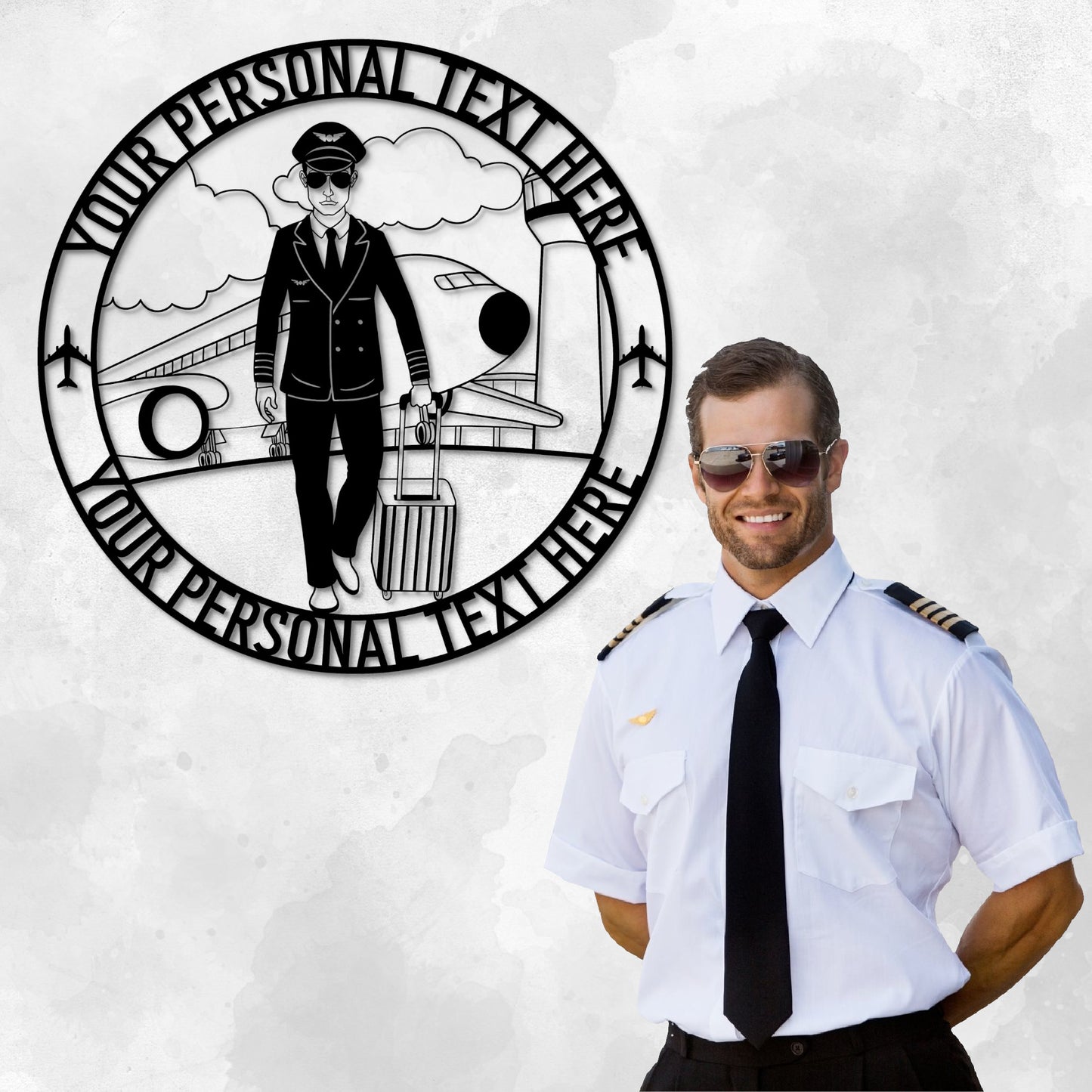 36 Inch Personalized Pilot In Airport Metal Sign Decor In Black With Custom Text