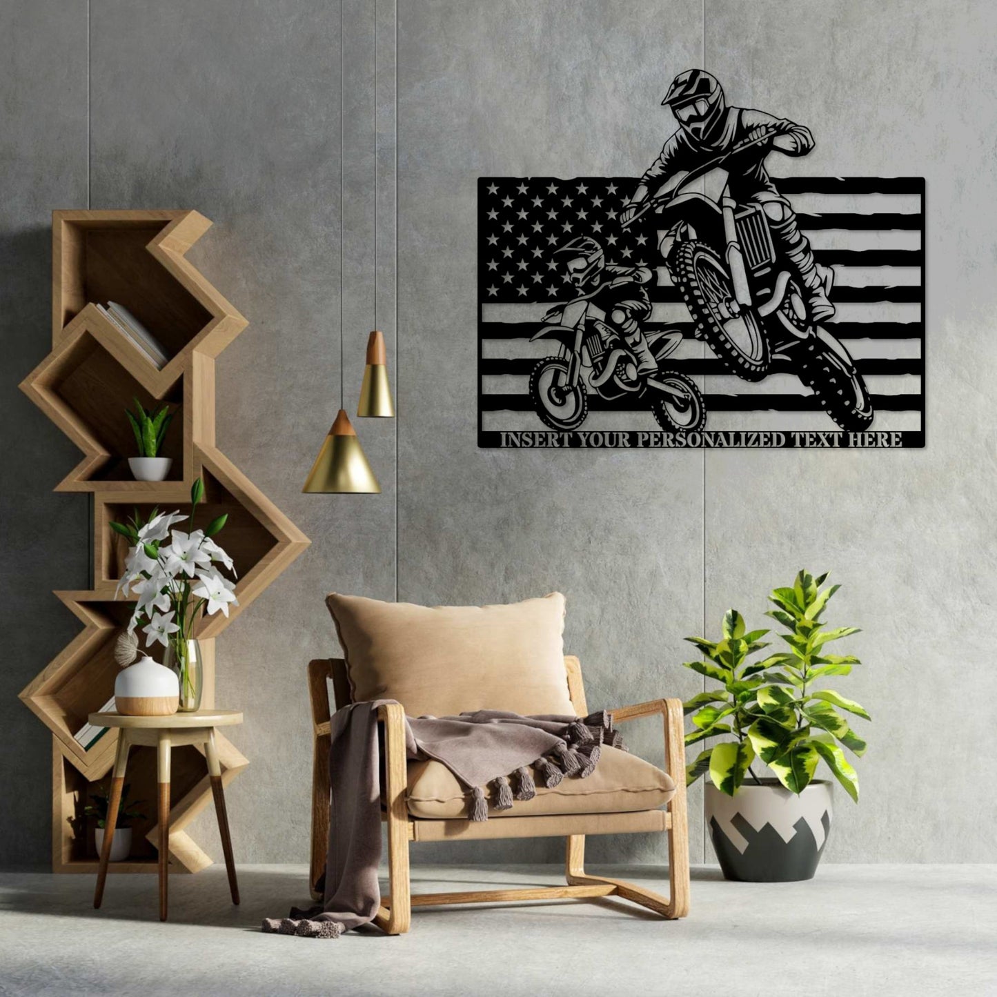 Personalized Dad And Son Dirtbike Name Metal Sign. Custom Patriotic Motocross US Flag Wall Decor Gift. Father's Day Gift. Biker Monogram Art