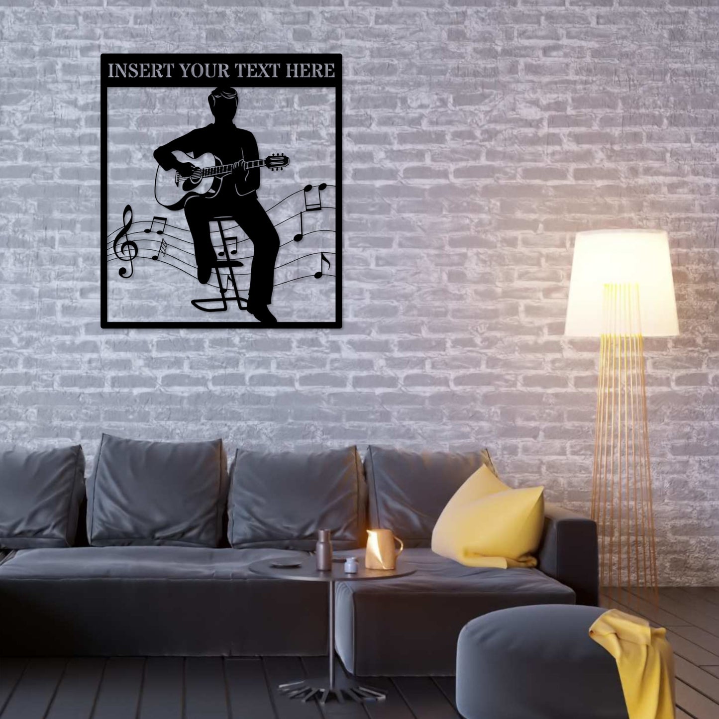 20 Inch Personalized Male Acoustic Guitarist Name Metal Sign Decor In Black With Custom Text