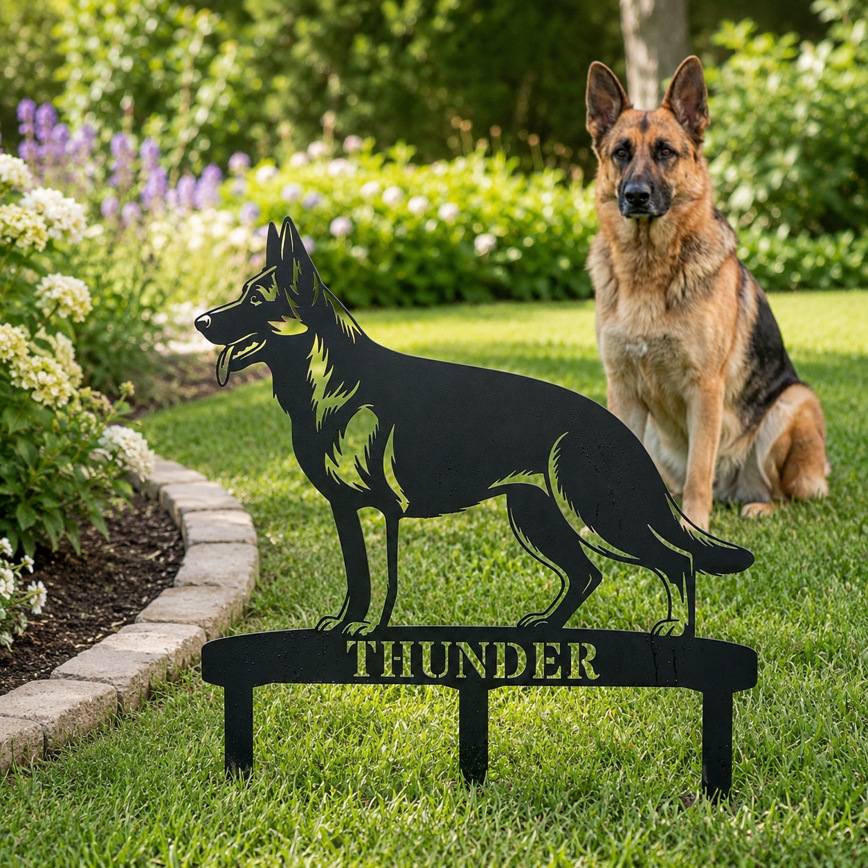 Personalized German Shepherd Garden Metal Sign With Stakes. Custom Dog Name Gift