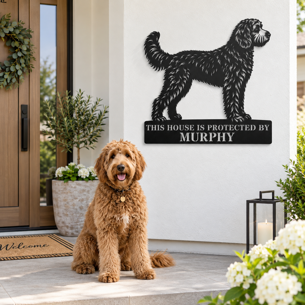 Personalized Doodle Guard Metal Sign. Custom Dog Name Wall Decor