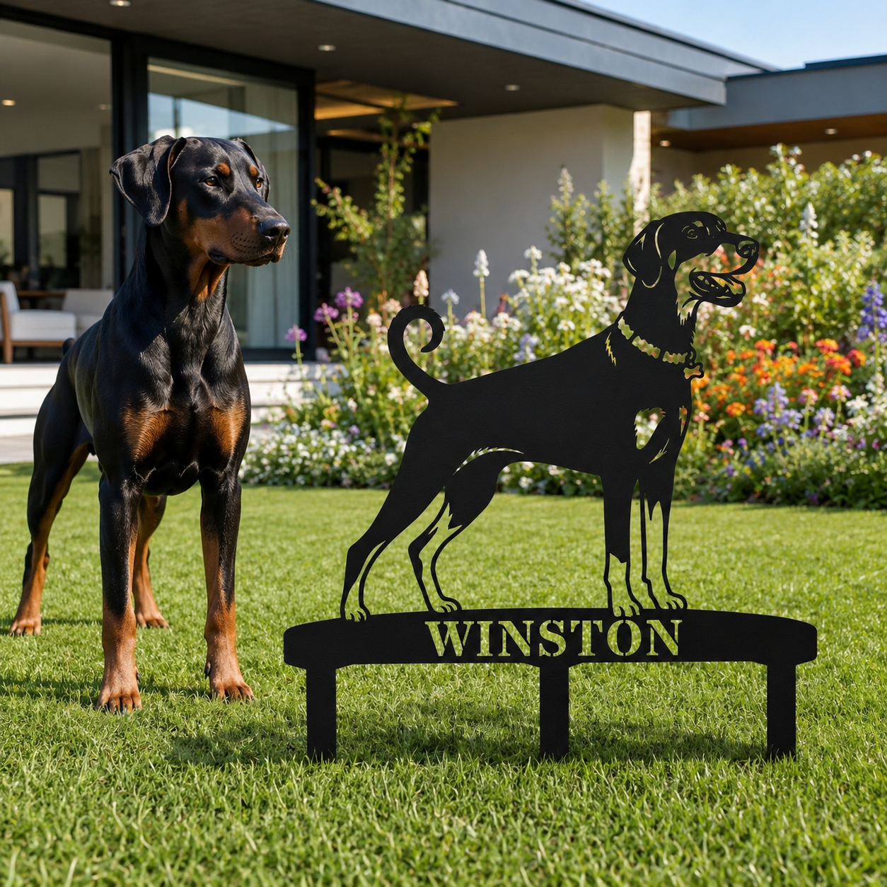 Personalized Dobermann Garden Metal Sign With Stakes. Custom Dog Lover Name Gift