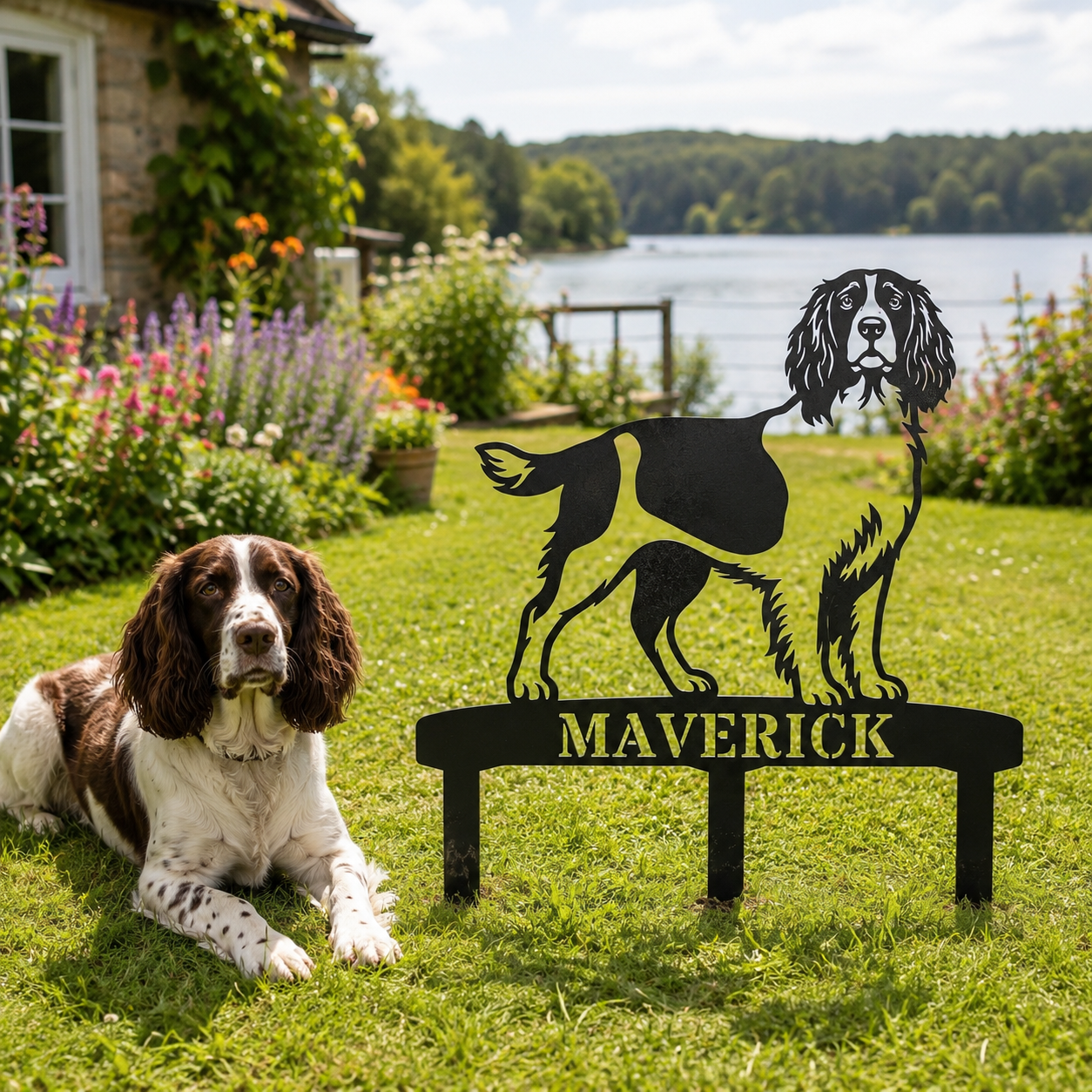 Personalized English Springer Spaniel Garden Metal Sign With Stakes. Custom Dog Lover Name Gift