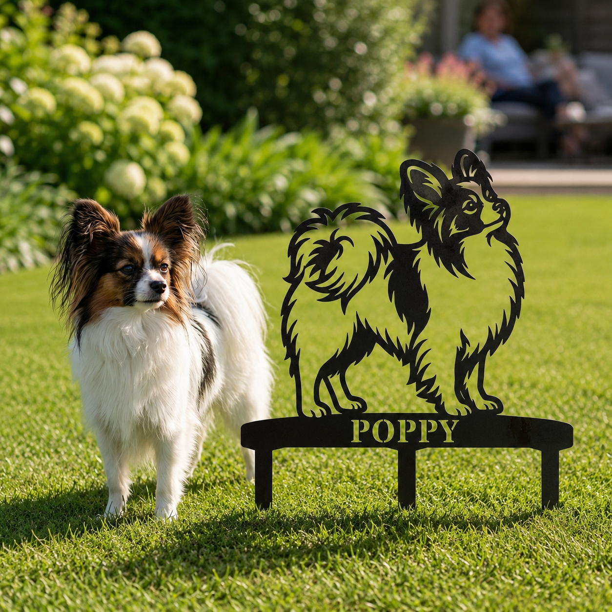 Personalized Papillon Garden Metal Sign With Stakes. Custom Dog Name Yard Decor