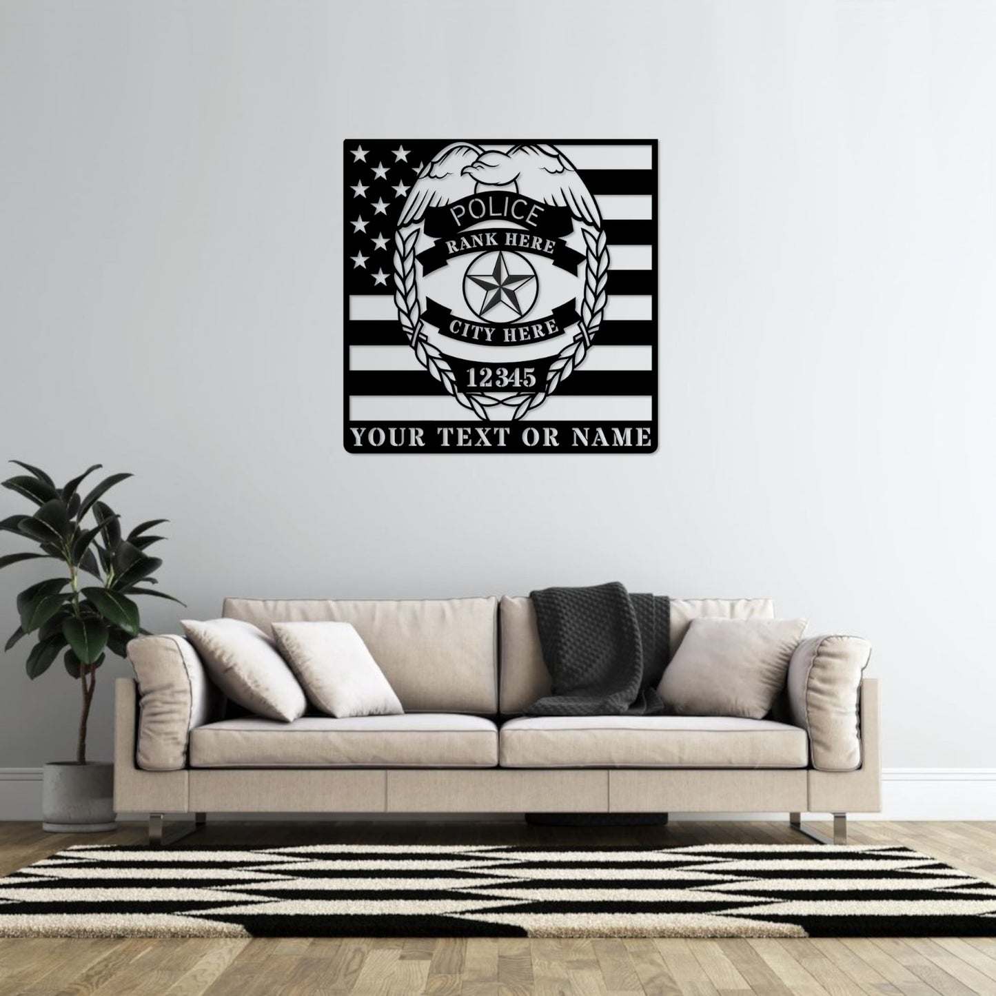 Large Personalized US Police Badge Name Metal Sign In White With Custom Text