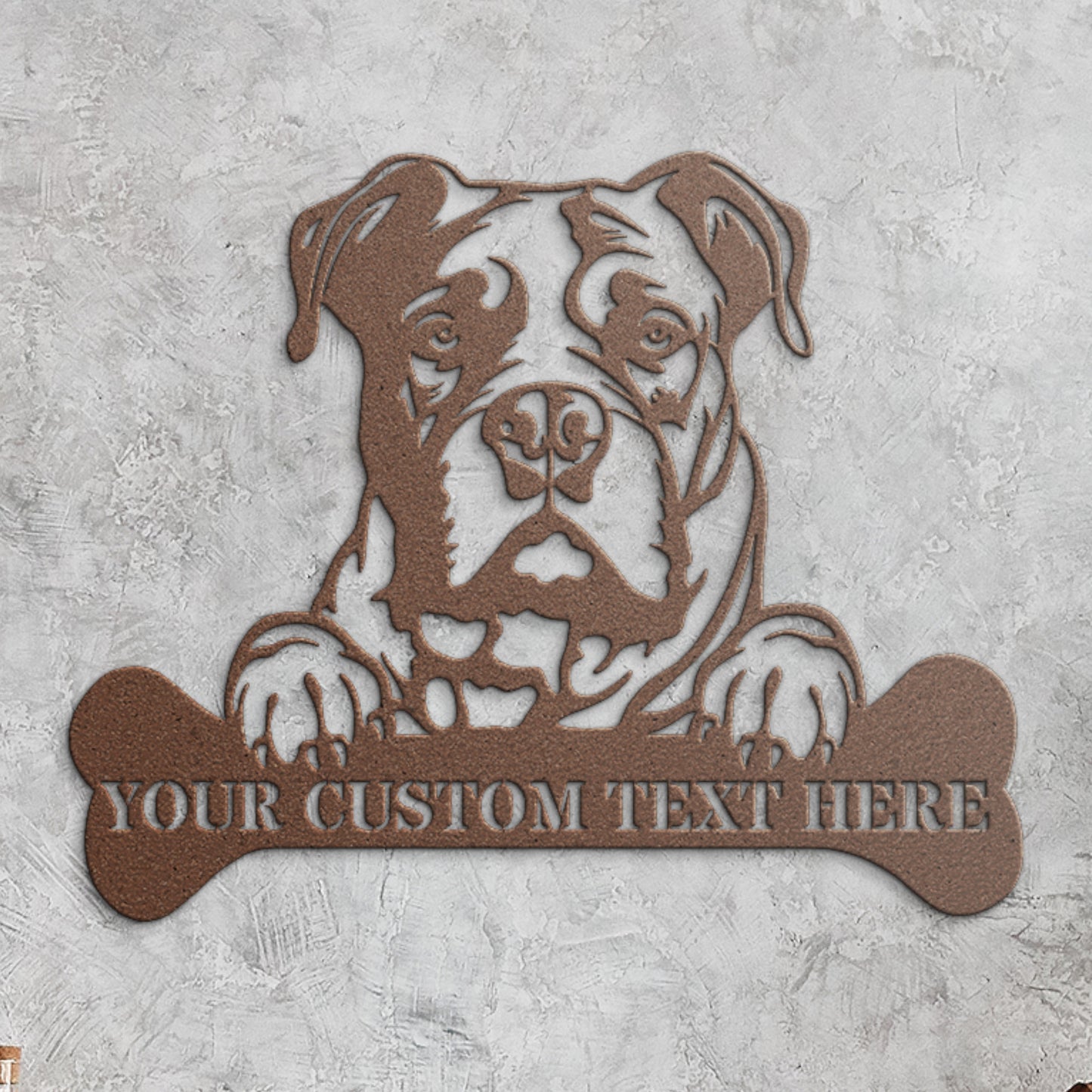 Personalized American Bulldog Name Metal Sign In Brown With Your Custom Text.