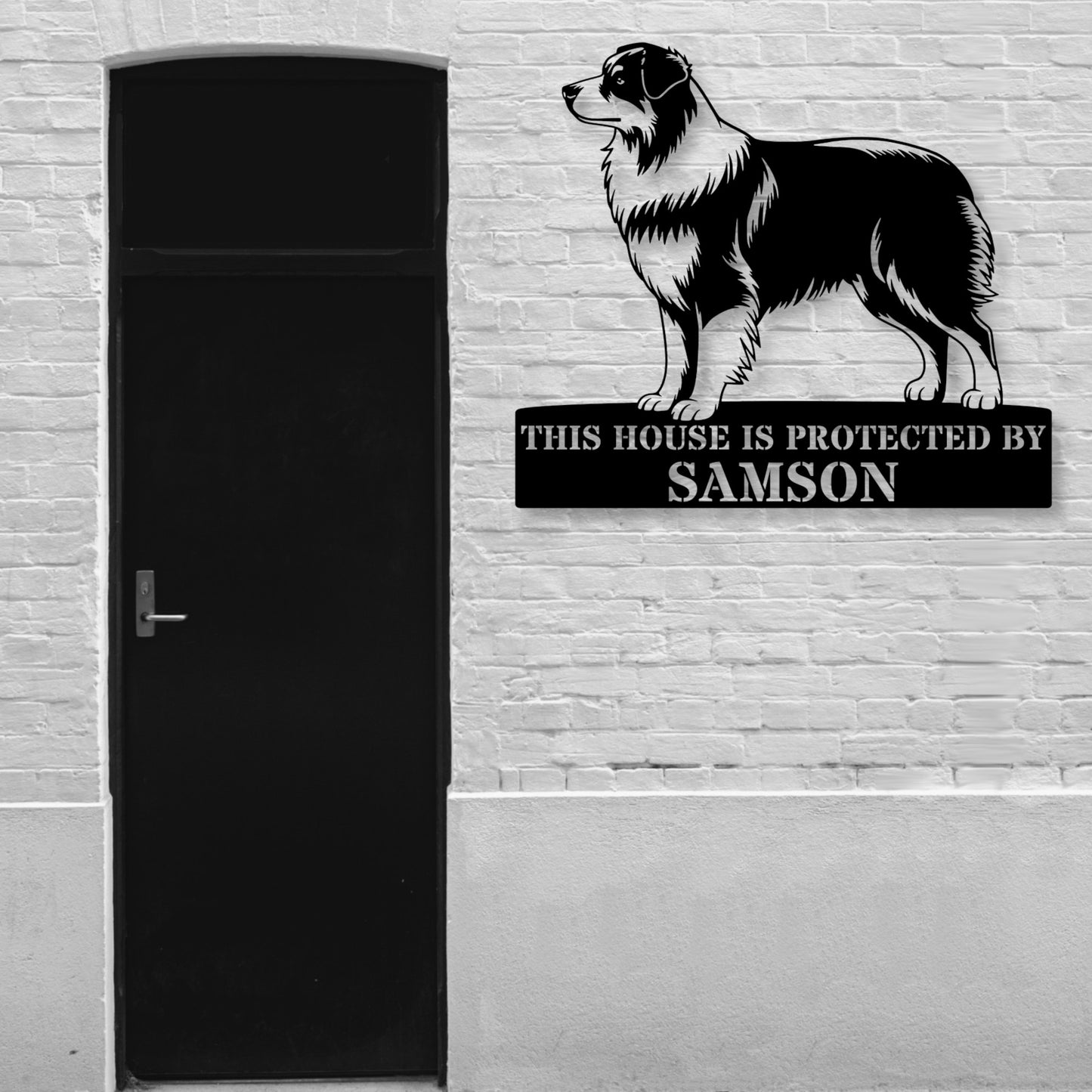 Personalized Australian Shepherd Guard Metal Sign In Black. Custom steel sign wall decor for dog lovers....