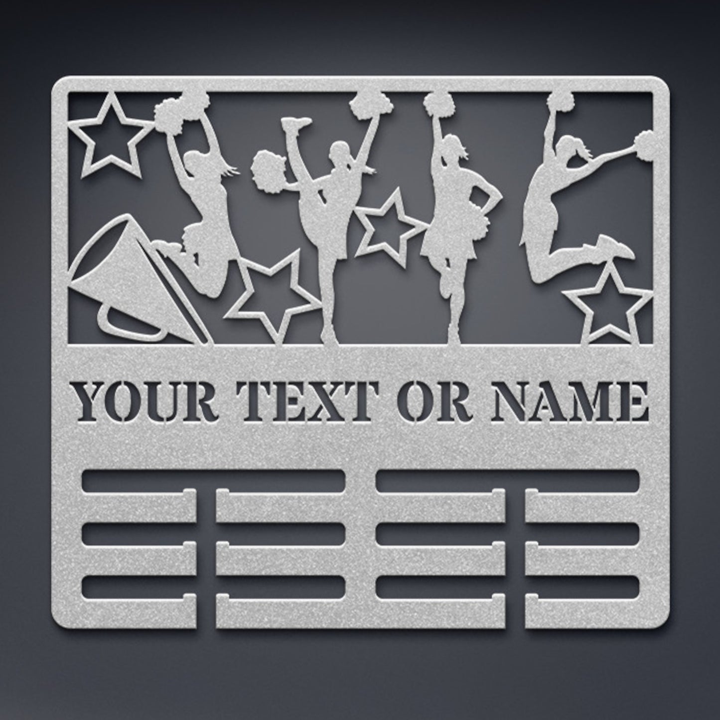 Personalized Cheerleading Name Medal Holder Metal Sign Decor In Silver With Custom Text