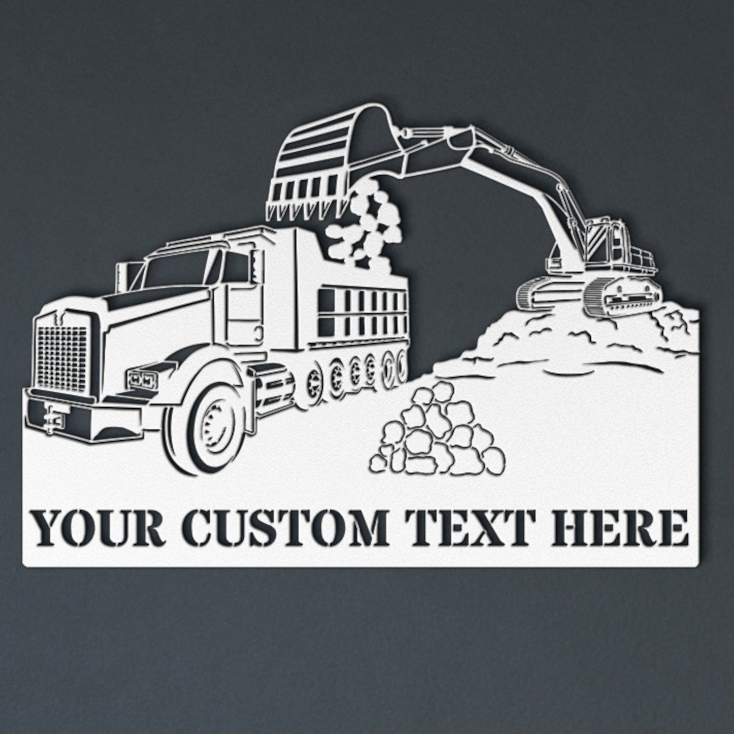Personalized Excavator Loading Truck Metal Sign Decor In White With Custom Text