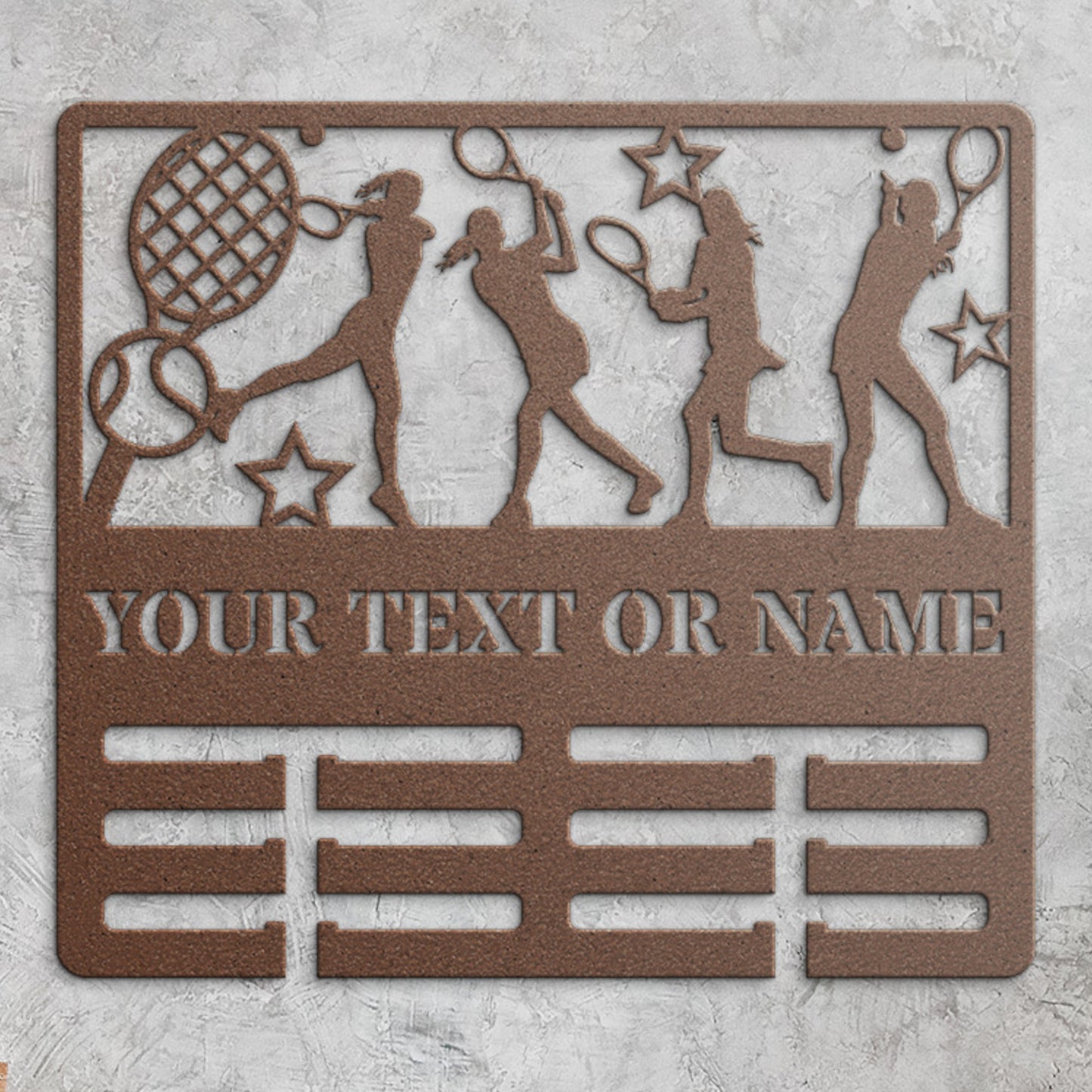 Personalized Female Tennis Player Medal Holder Metal Sign Decor In Copper With Custom Text