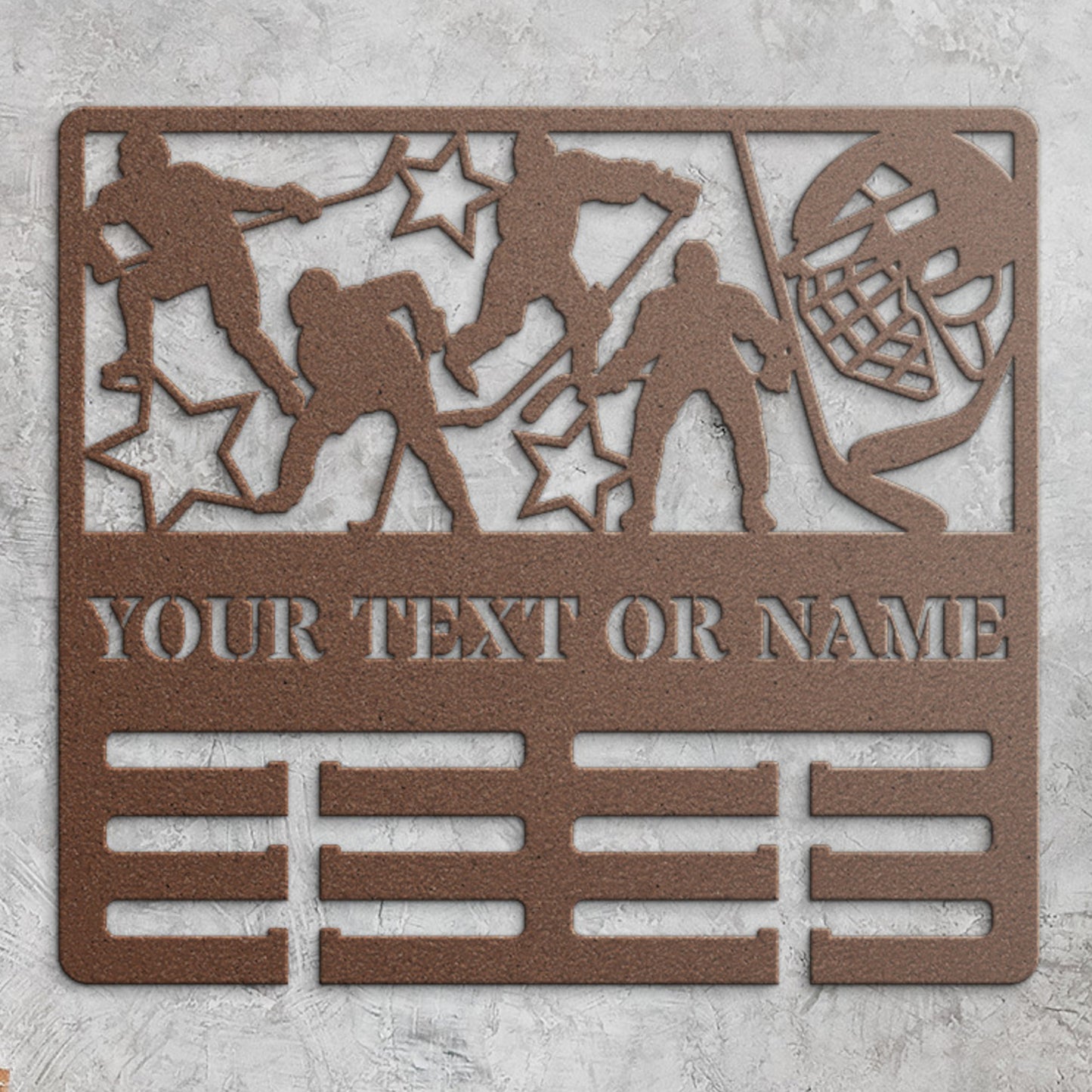 Personalized Hockey Player Medal Holder Name Metal Sign Decor In Copper With Custom Text