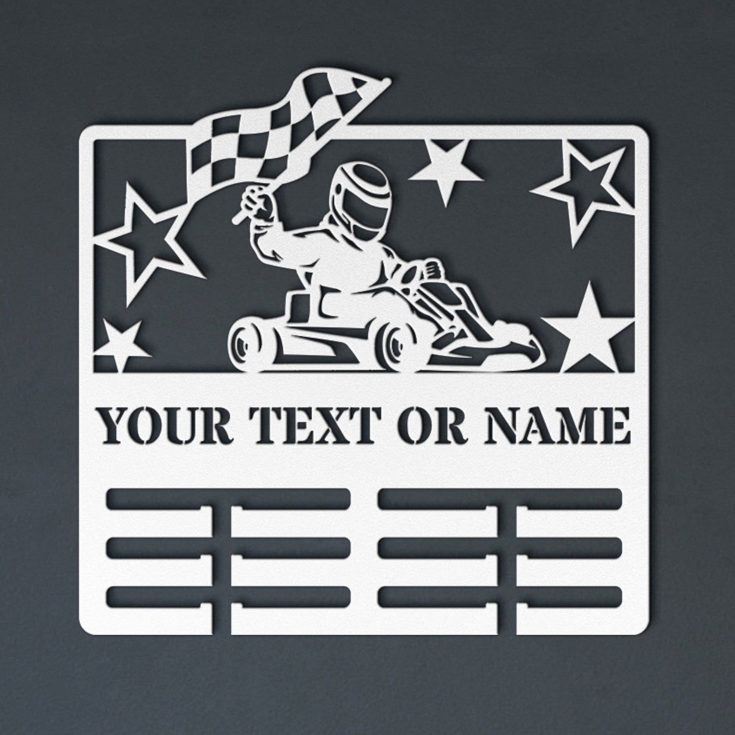 Personalized Karting Medal Holder Name Metal Sign Decor In White With Custom Text
