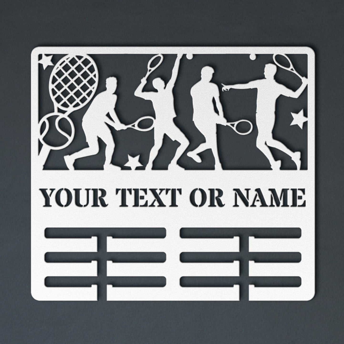 Personalized Male Tennis Player Medal Holder Metal Sign Decor In White With Custom text