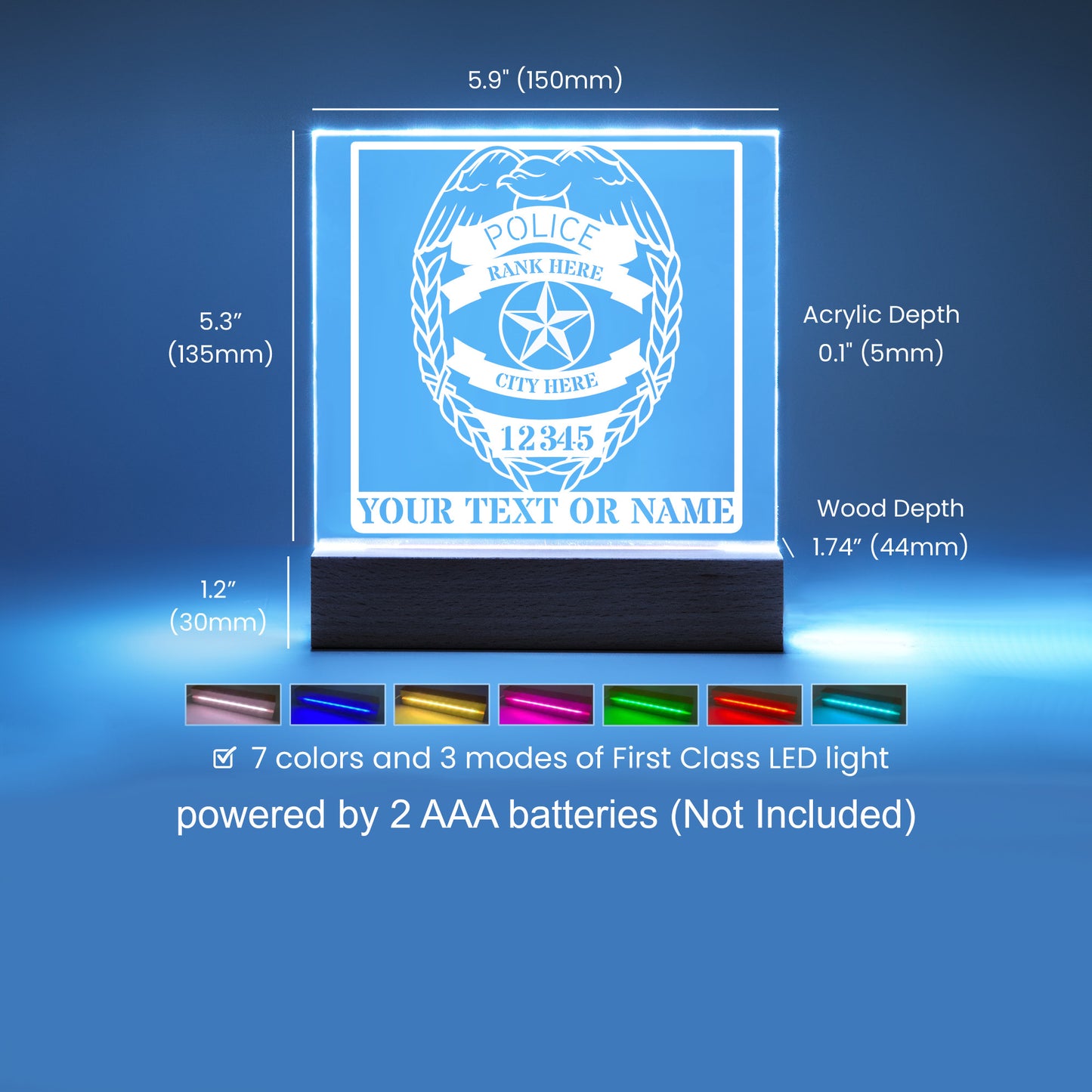 Personalized Police Shield Name Battery LED Acrylic Sign In White With Custom Text 1