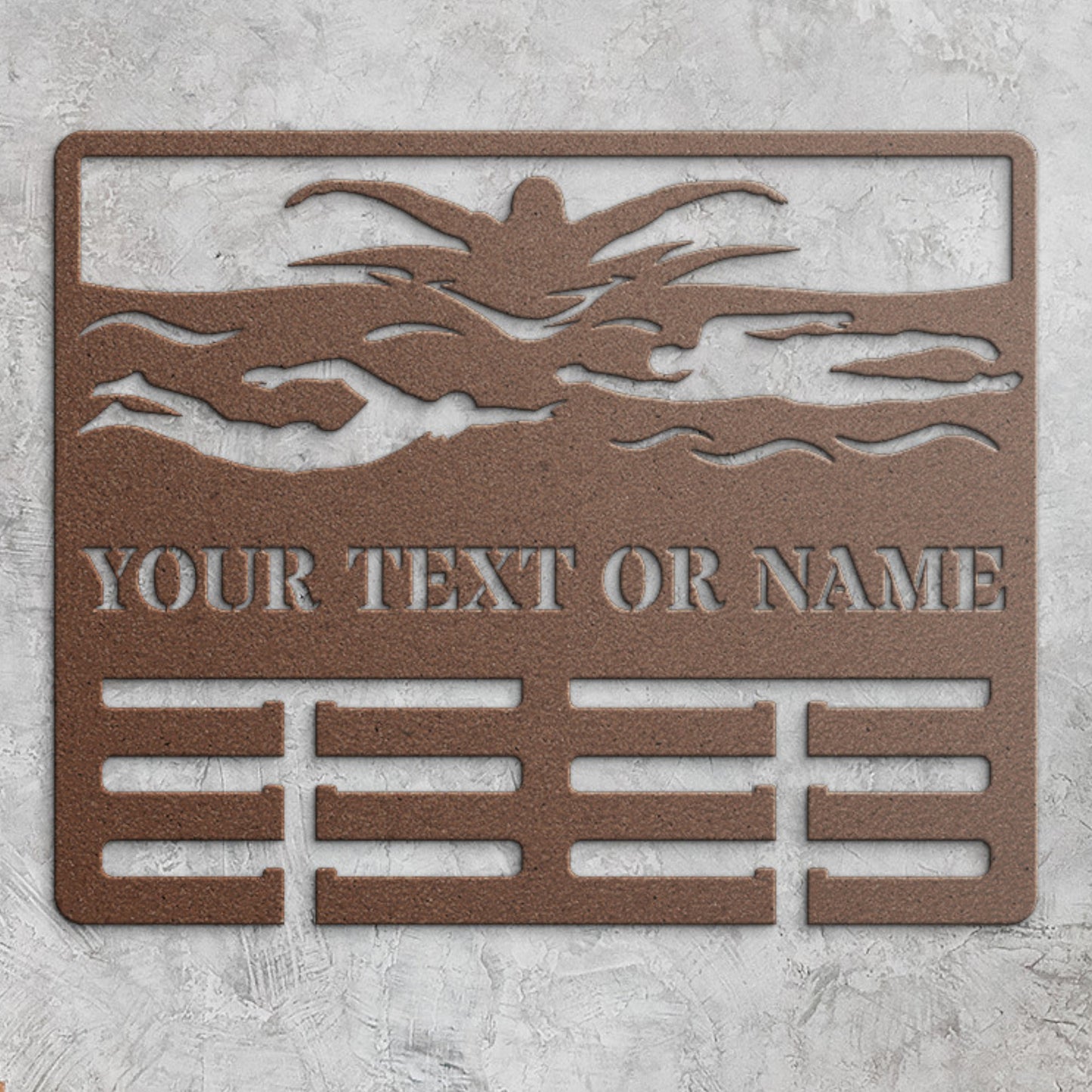 Personalized Swimmer medal holder Name Metal Sign Decor In Copper With Custom Text