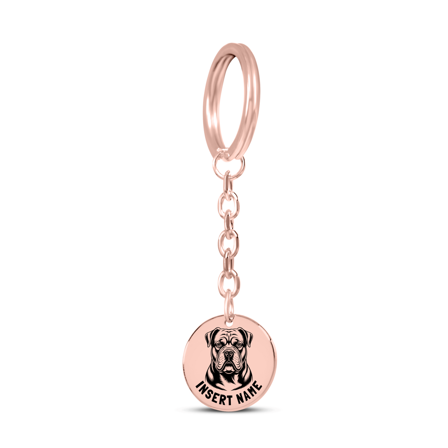 Personalized engraved American Bulldog rose gold keychain in a jewelry box with a loving message card..